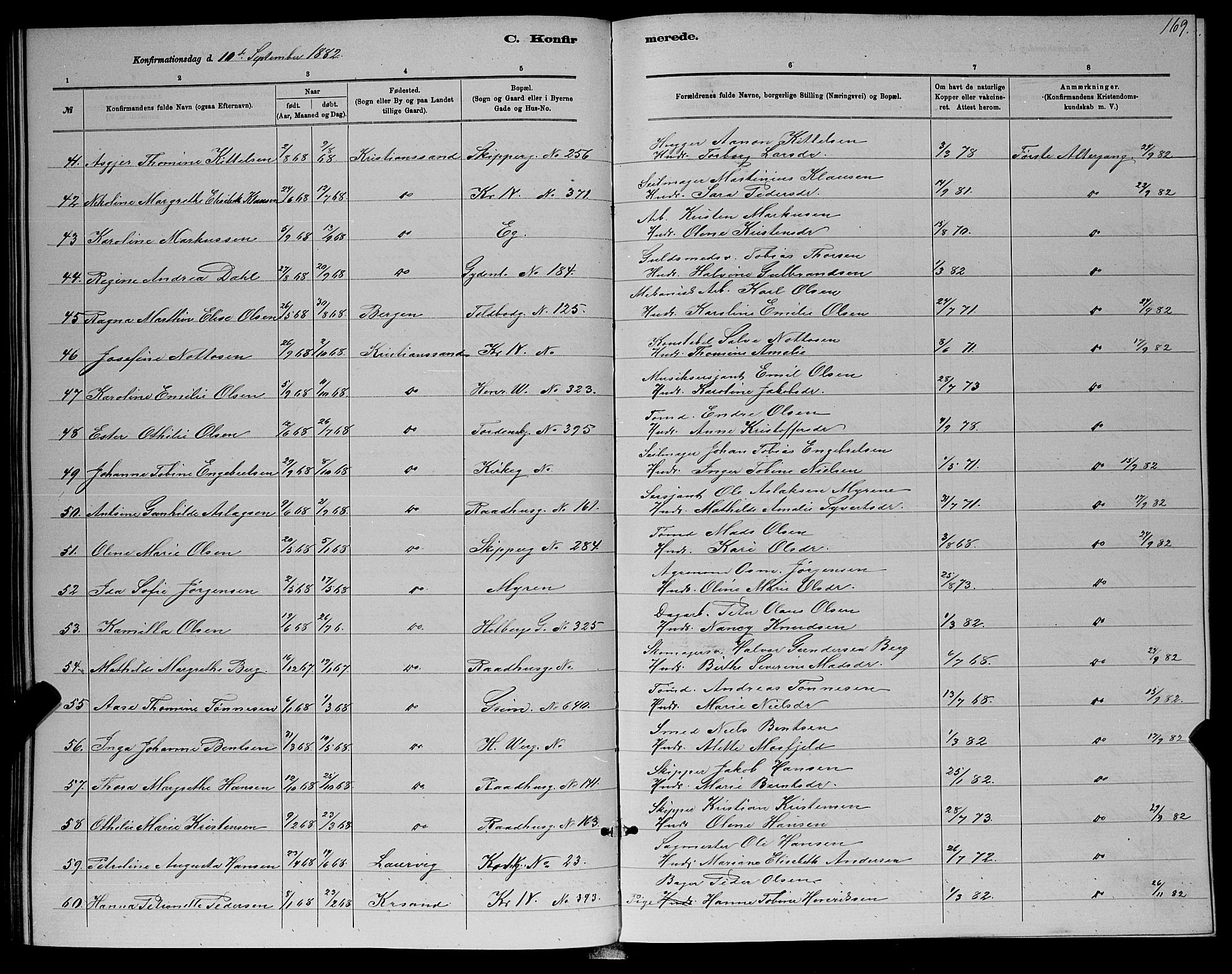 Kristiansand domprosti, AV/SAK-1112-0006/F/Fb/L0016: Parish register (copy) no. B 16, 1881-1893, p. 169