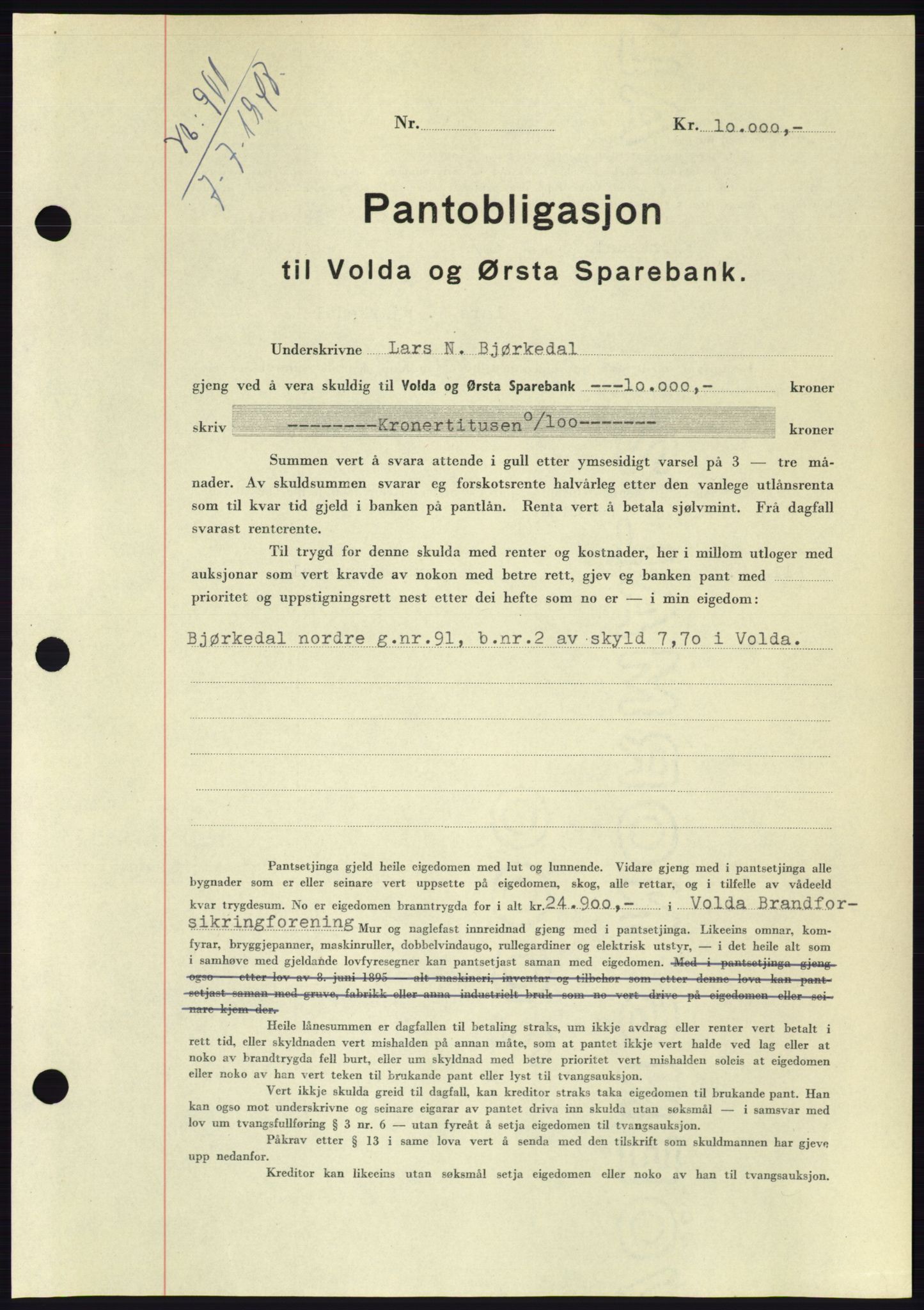 Søre Sunnmøre sorenskriveri, AV/SAT-A-4122/1/2/2C/L0116: Mortgage book no. 4B, 1948-1949, Diary no: : 911/1948
