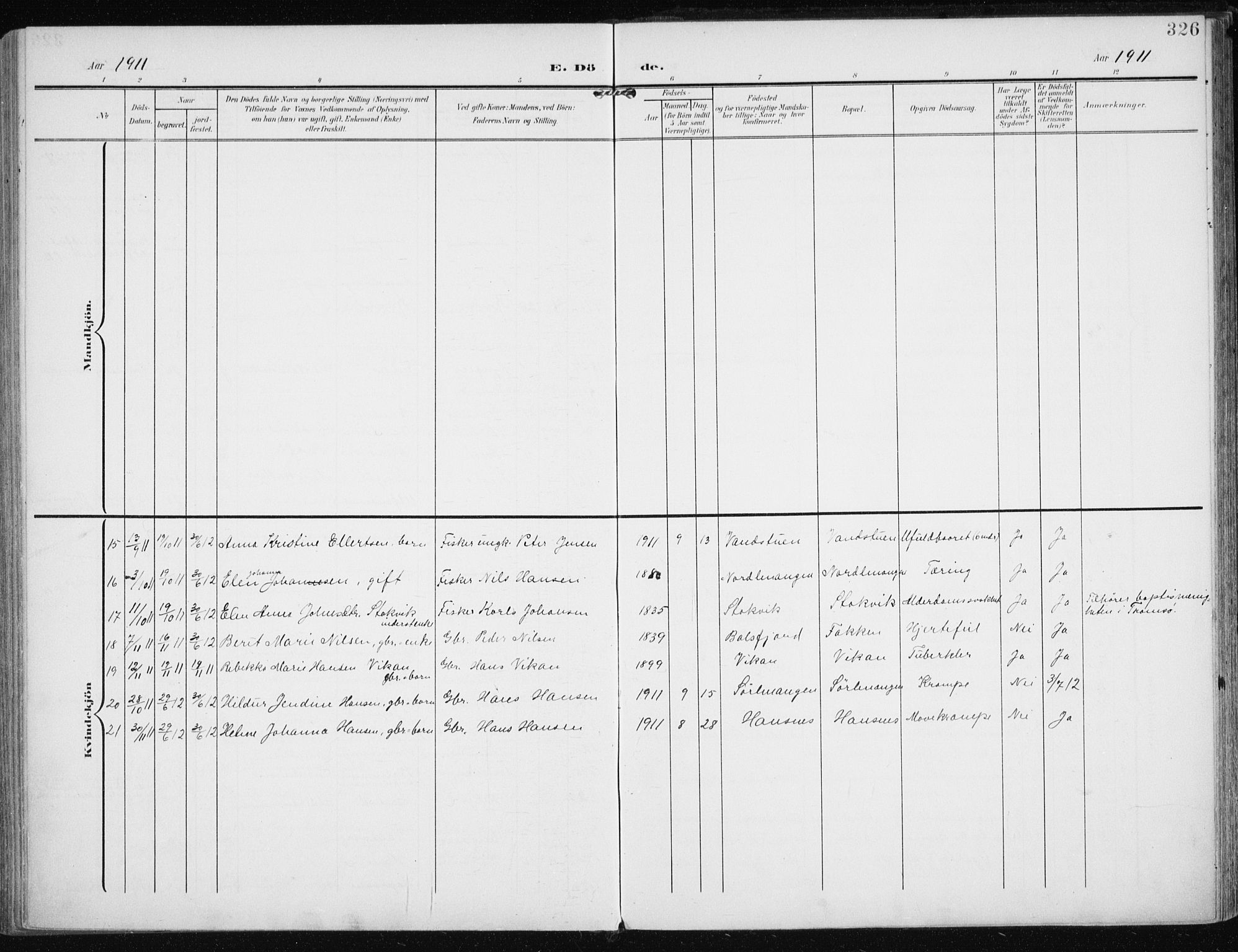 Karlsøy sokneprestembete, AV/SATØ-S-1299/H/Ha/Haa/L0014kirke: Parish register (official) no. 14, 1903-1917, p. 326