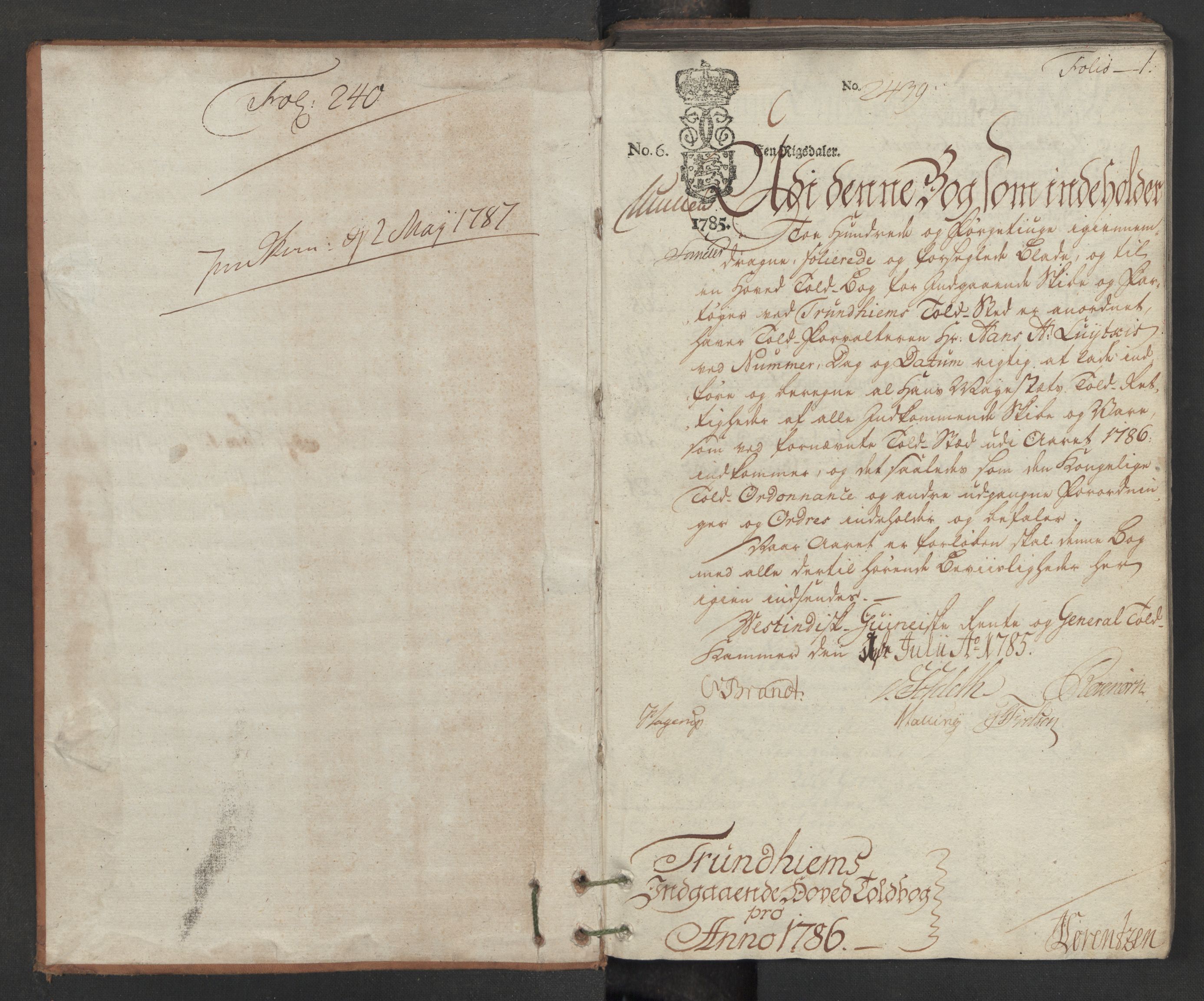 Generaltollkammeret, tollregnskaper, AV/RA-EA-5490/R33/L0170/0001: Tollregnskaper Trondheim A / Inngående hovedtollbok, 1786, p. 1a