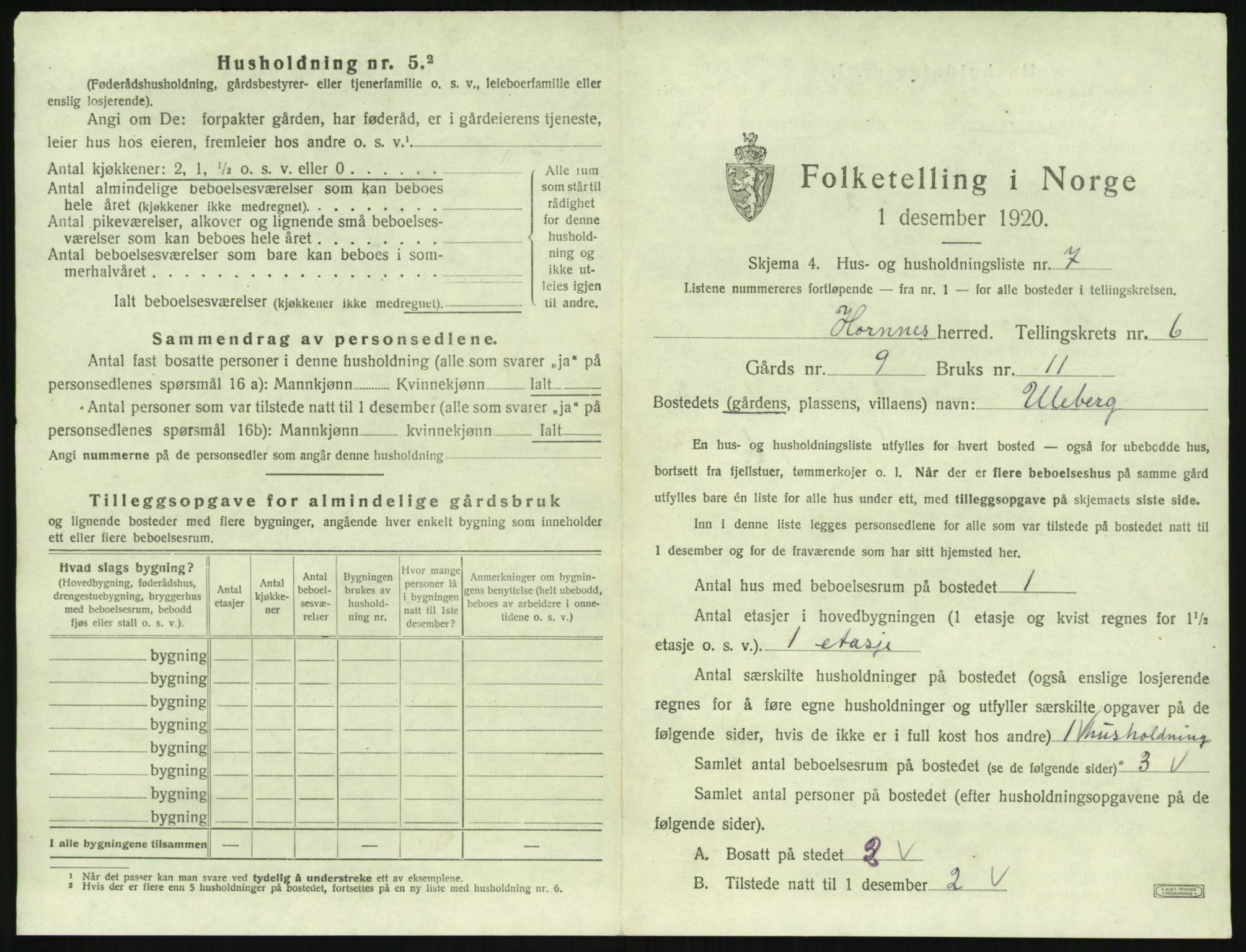 SAK, 1920 census for Hornnes, 1920, p. 257