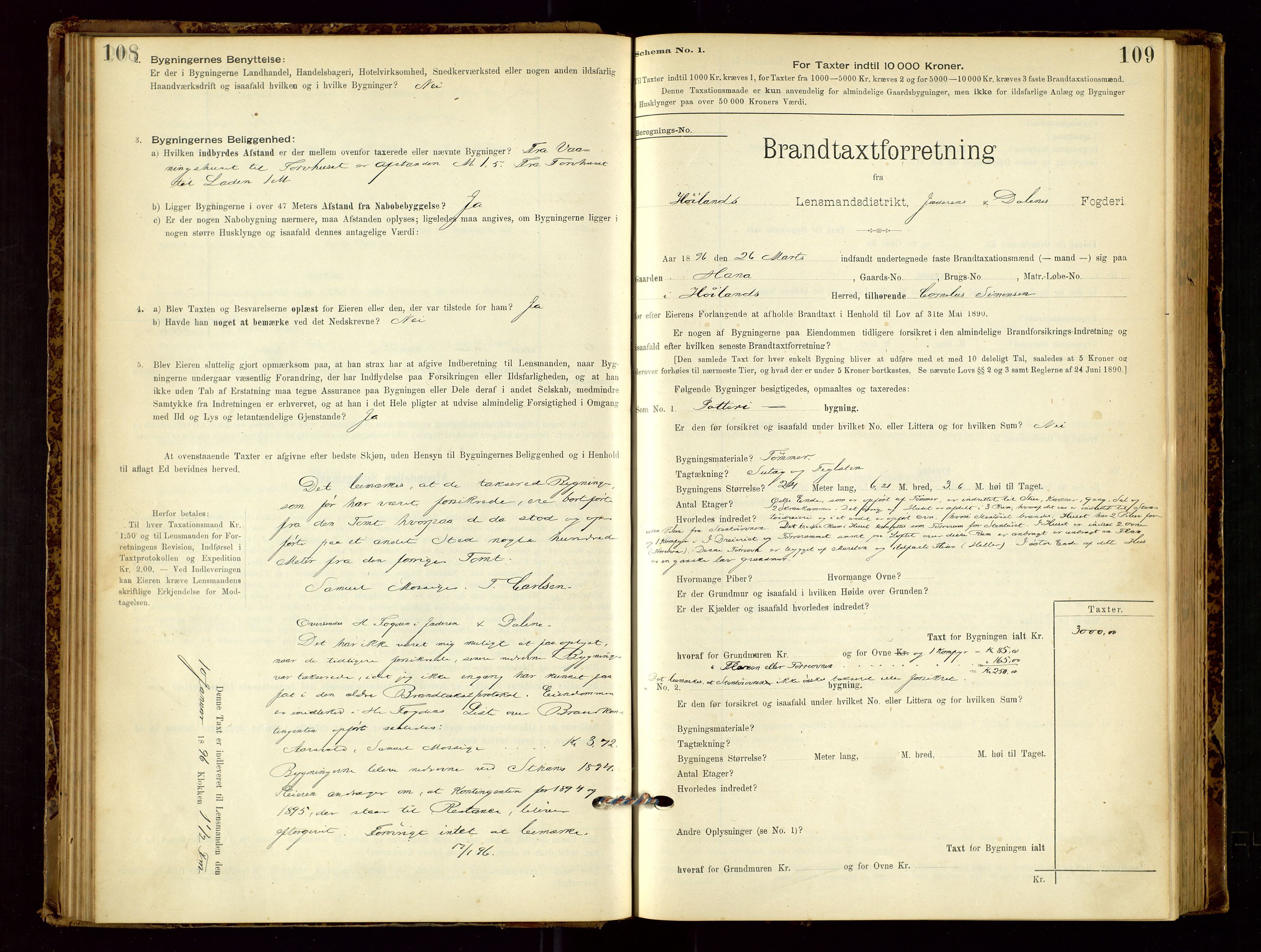 Høyland/Sandnes lensmannskontor, SAST/A-100166/Gob/L0001: "Brandtaxtprotokol", 1890-1913, p. 108-109