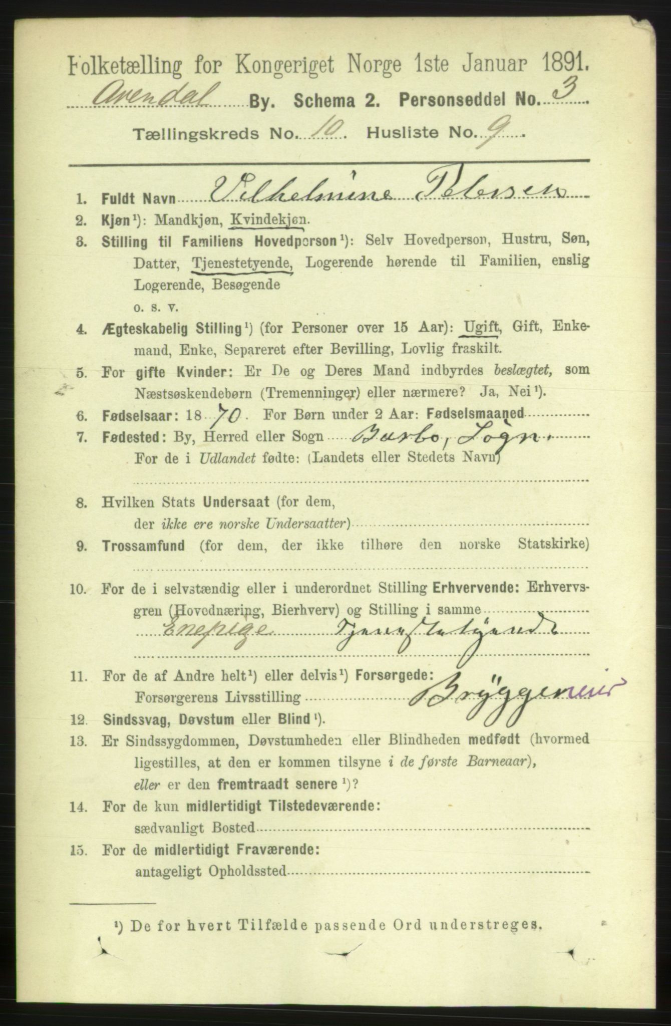 RA, 1891 census for 0903 Arendal, 1891, p. 3794