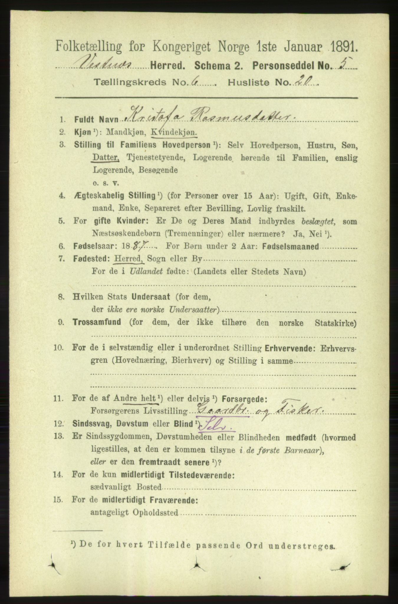 RA, 1891 census for 1535 Vestnes, 1891, p. 2290