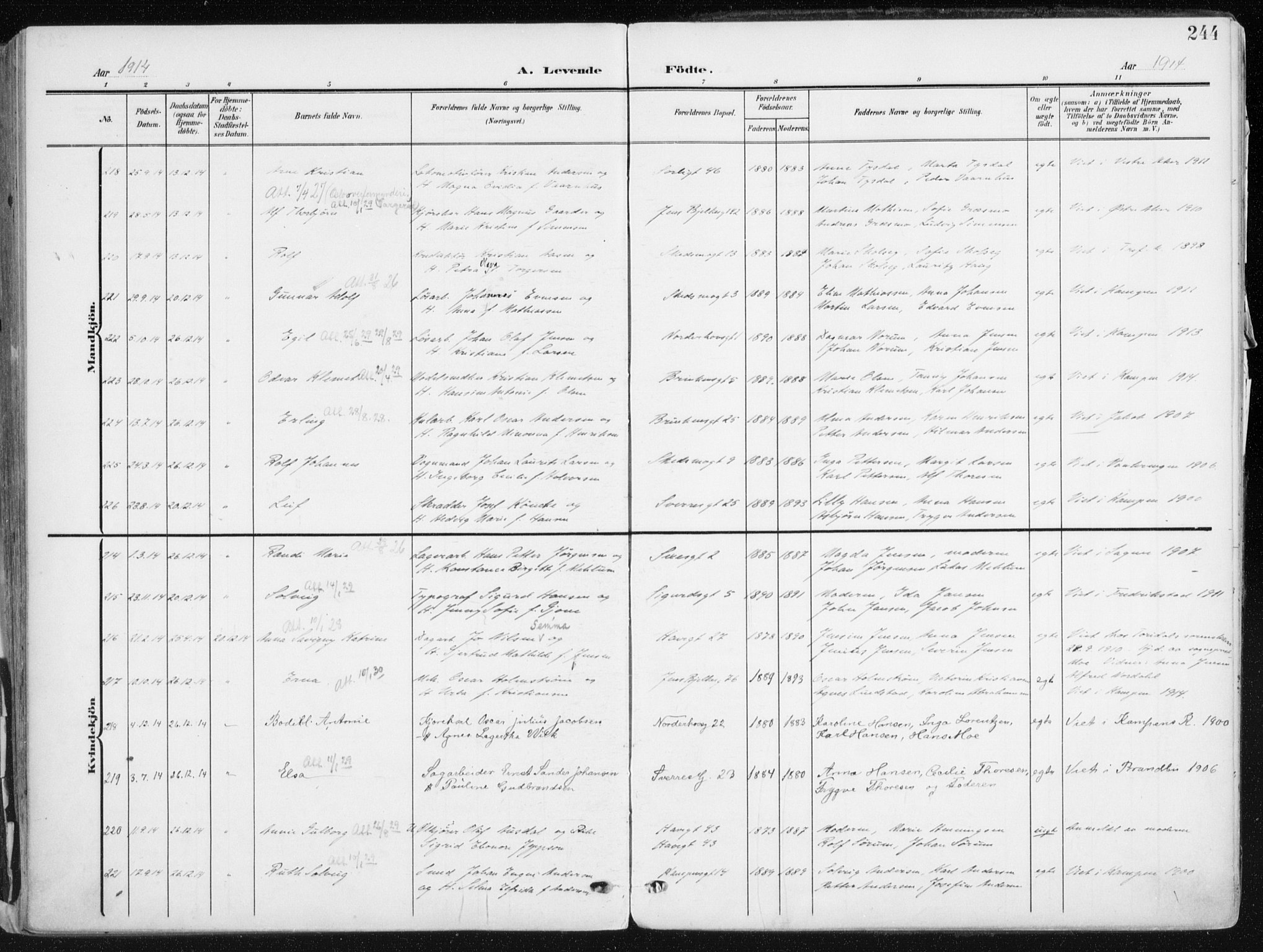 Kampen prestekontor Kirkebøker, AV/SAO-A-10853/F/Fa/L0010: Parish register (official) no. I 10, 1905-1917, p. 244