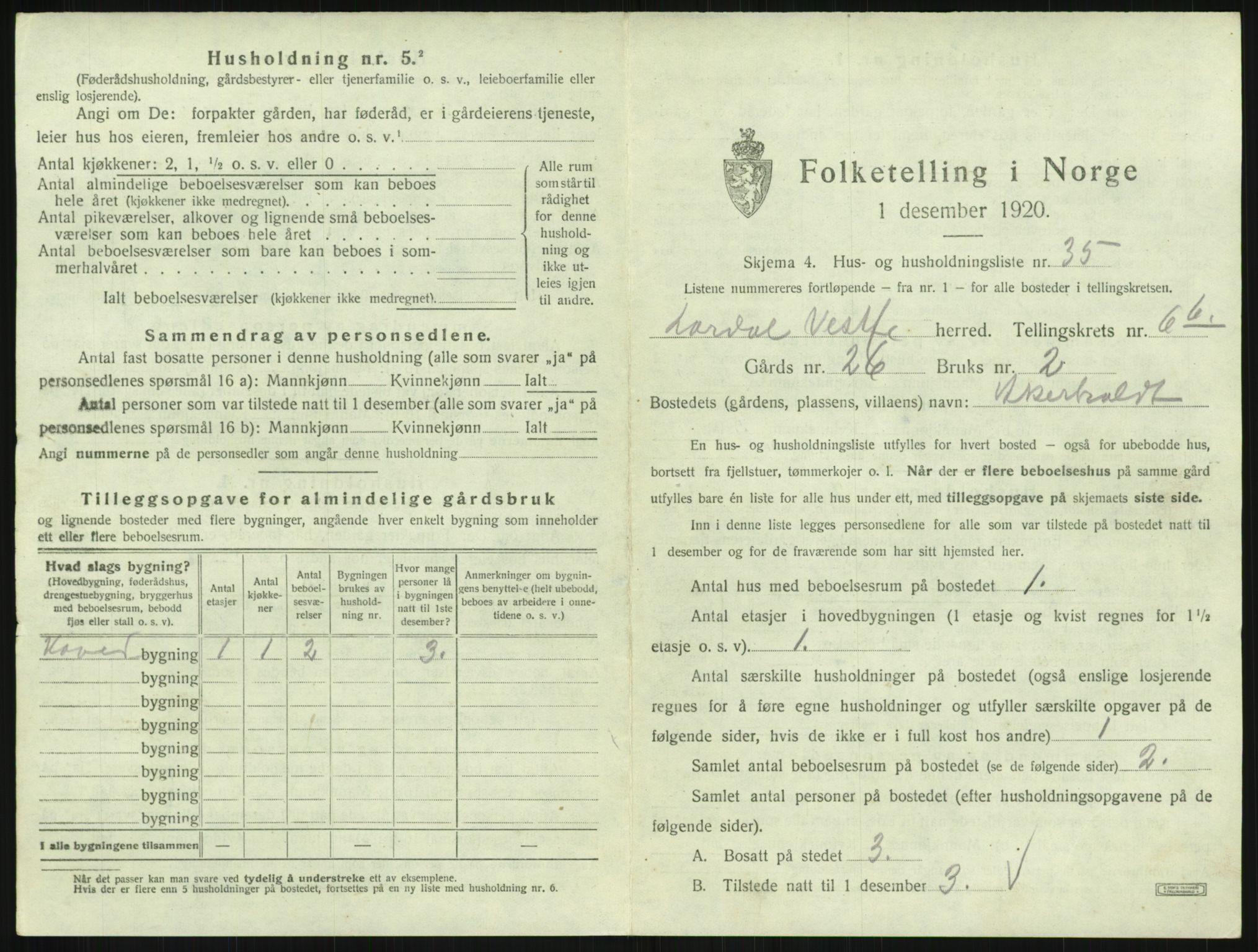 SAKO, 1920 census for Lardal, 1920, p. 989