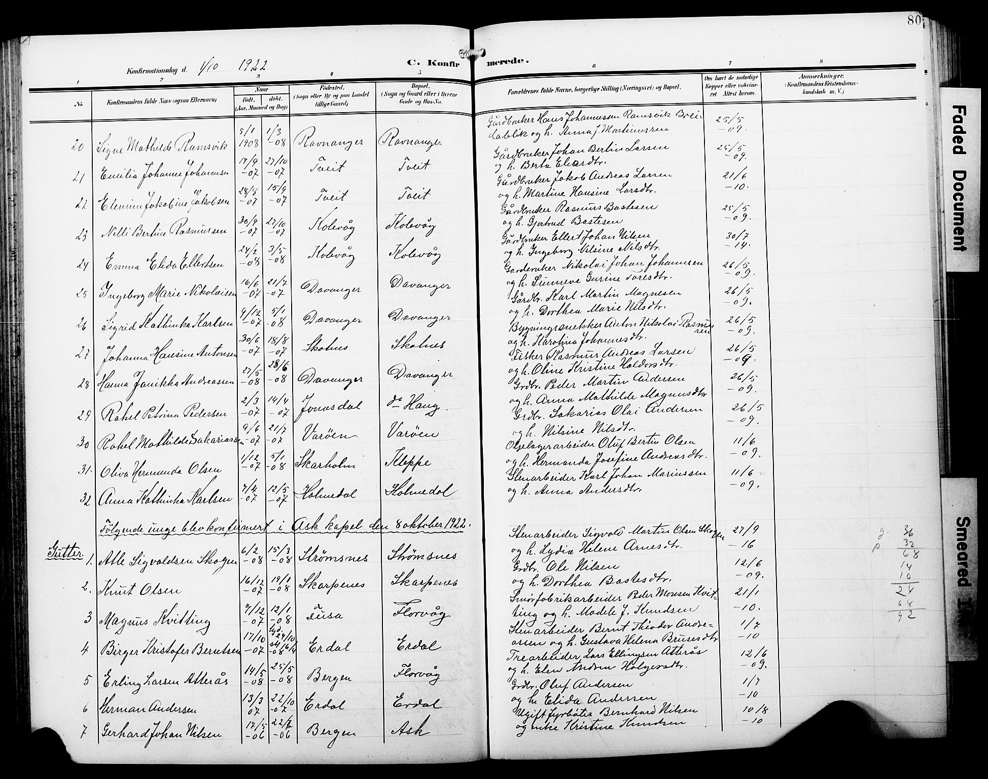 Askøy Sokneprestembete, AV/SAB-A-74101/H/Ha/Hab/Haba/L0014: Parish register (copy) no. A 14, 1904-1927, p. 80
