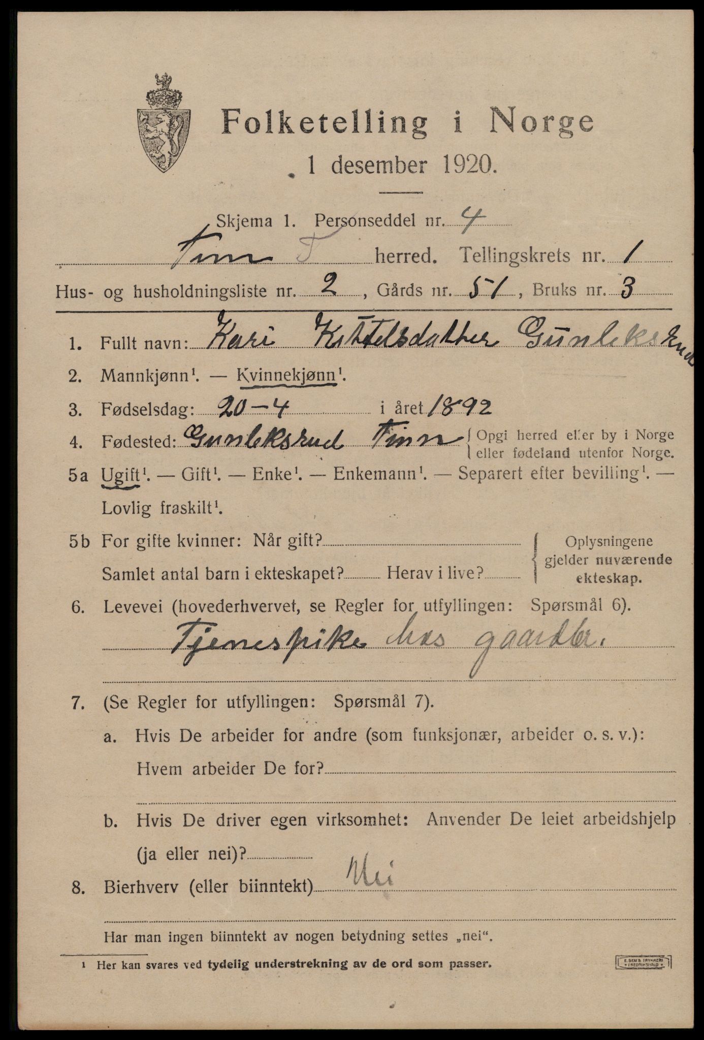 SAKO, 1920 census for Tinn, 1920, p. 2706