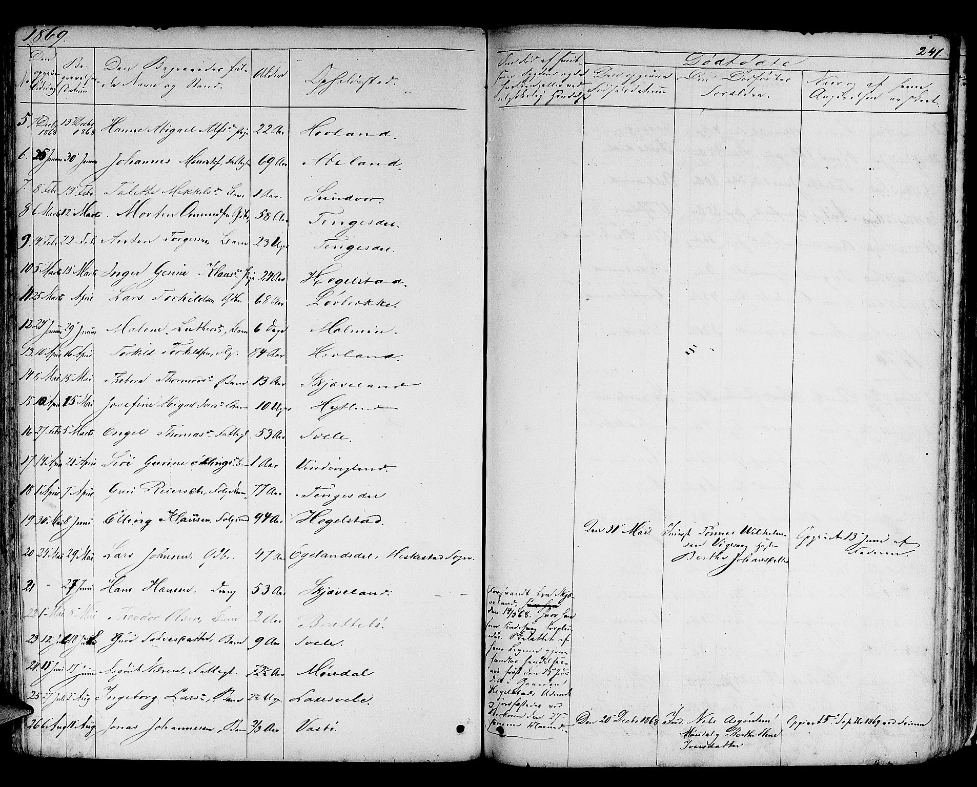 Helleland sokneprestkontor, AV/SAST-A-101810: Parish register (copy) no. B 3, 1847-1886, p. 241