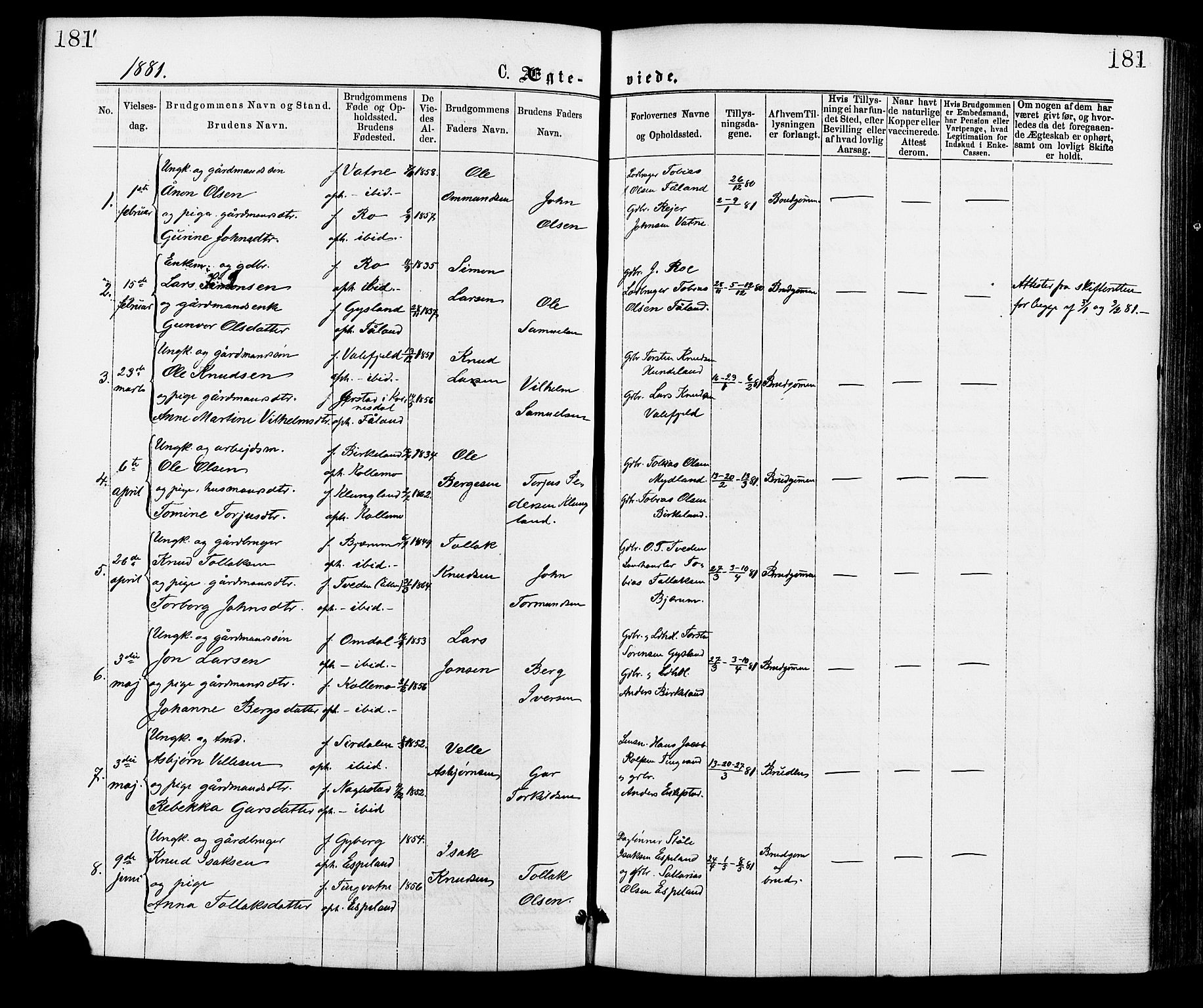 Hægebostad sokneprestkontor, AV/SAK-1111-0024/F/Fa/Faa/L0005: Parish register (official) no. A 5, 1864-1886, p. 181