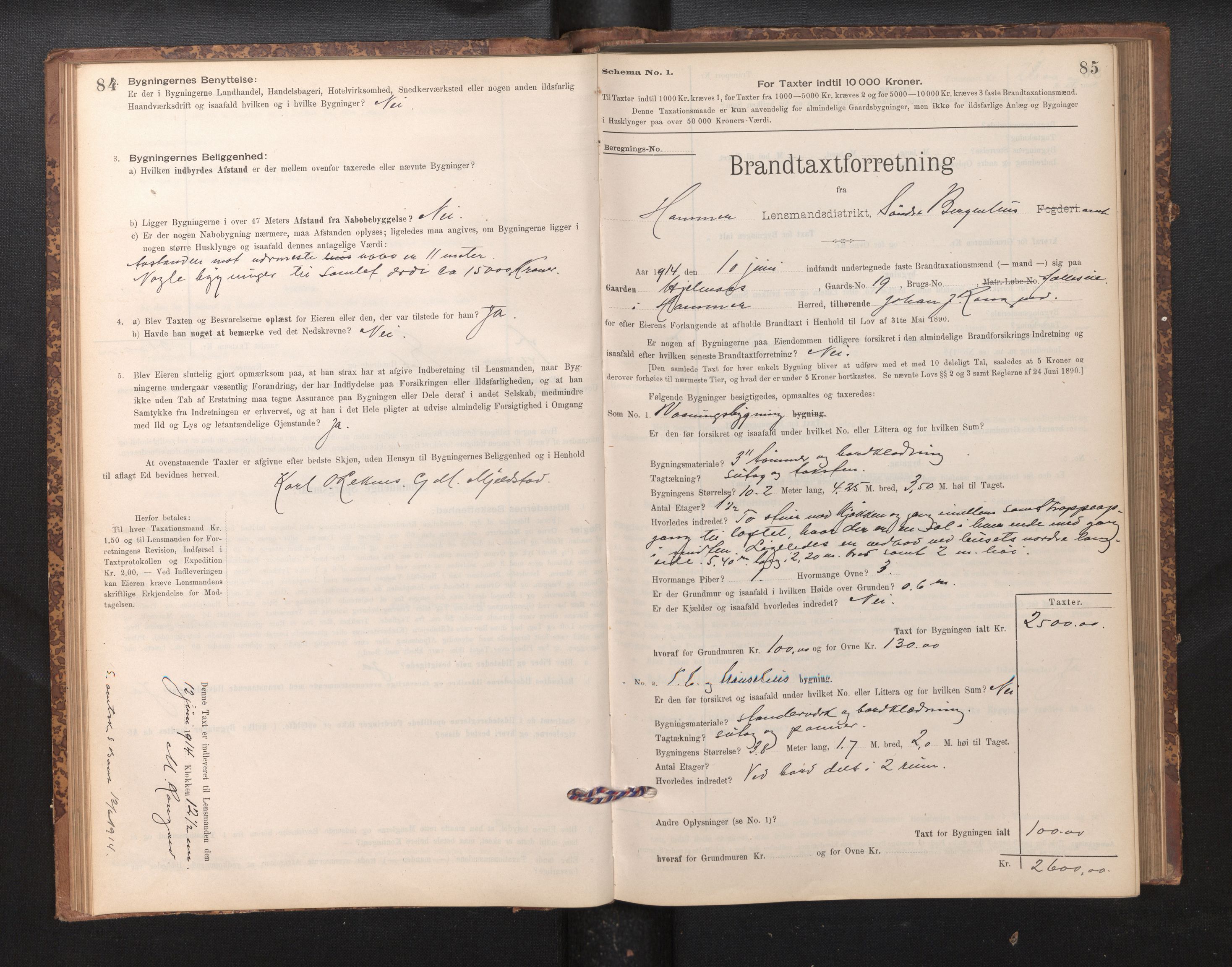 Lensmannen i Hamre, SAB/A-32601/0012/L0004: Branntakstprotokoll, skjematakst, 1895-1920, p. 84-85