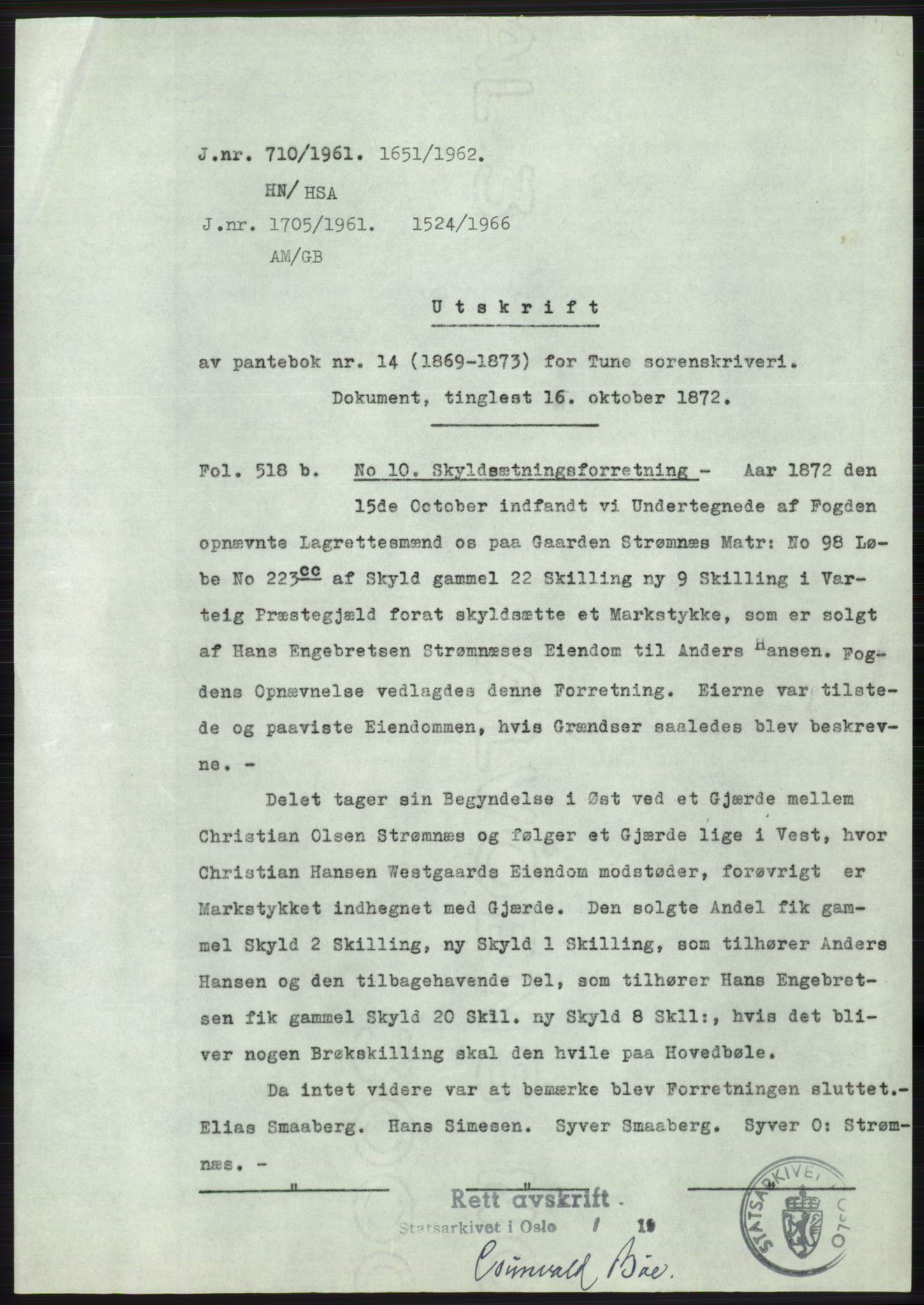 Statsarkivet i Oslo, AV/SAO-A-10621/Z/Zd/L0013: Avskrifter, j.nr 16-1099/1961, 1961, p. 319