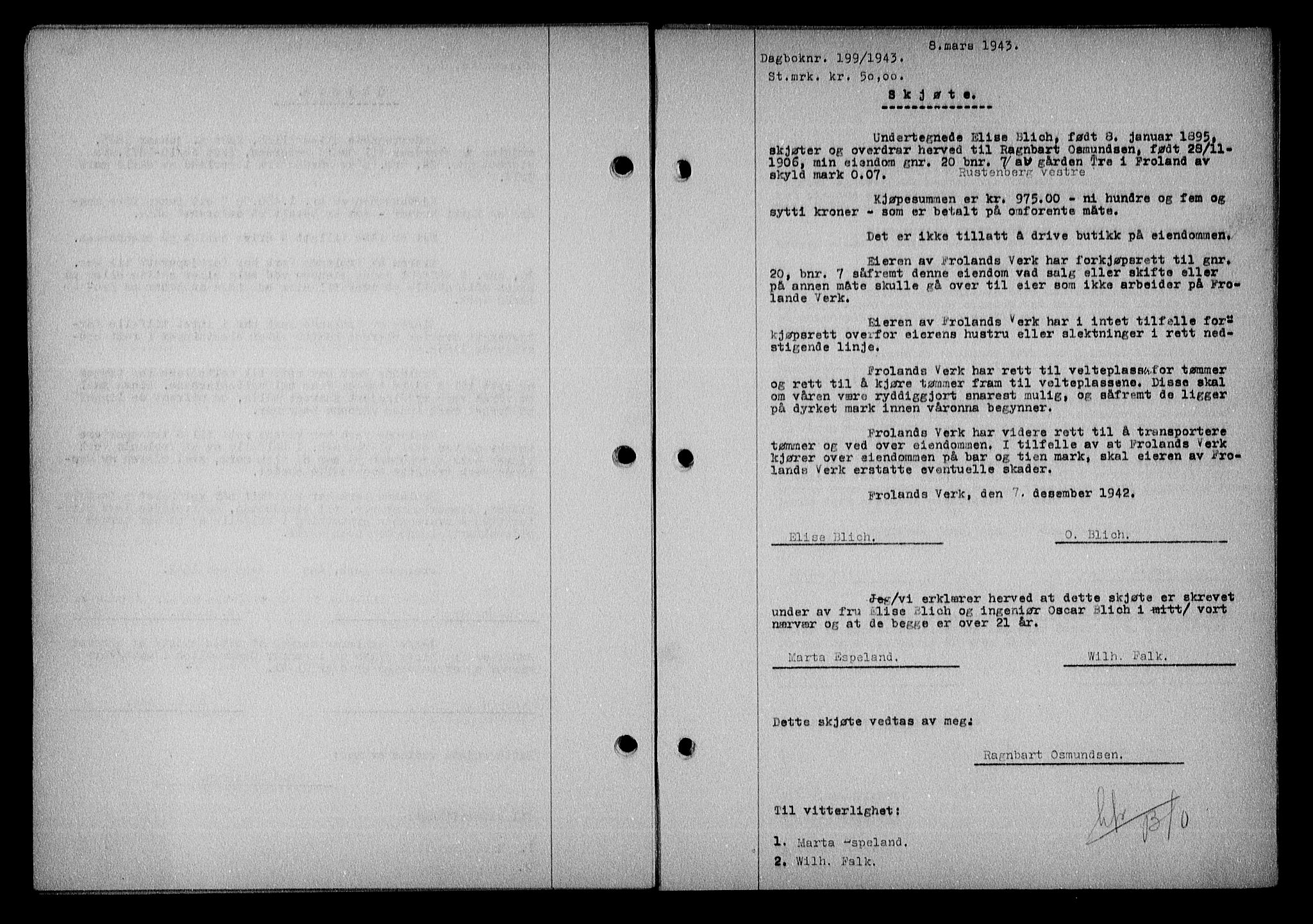 Nedenes sorenskriveri, AV/SAK-1221-0006/G/Gb/Gba/L0050: Mortgage book no. A-IV, 1942-1943, Diary no: : 199/1943