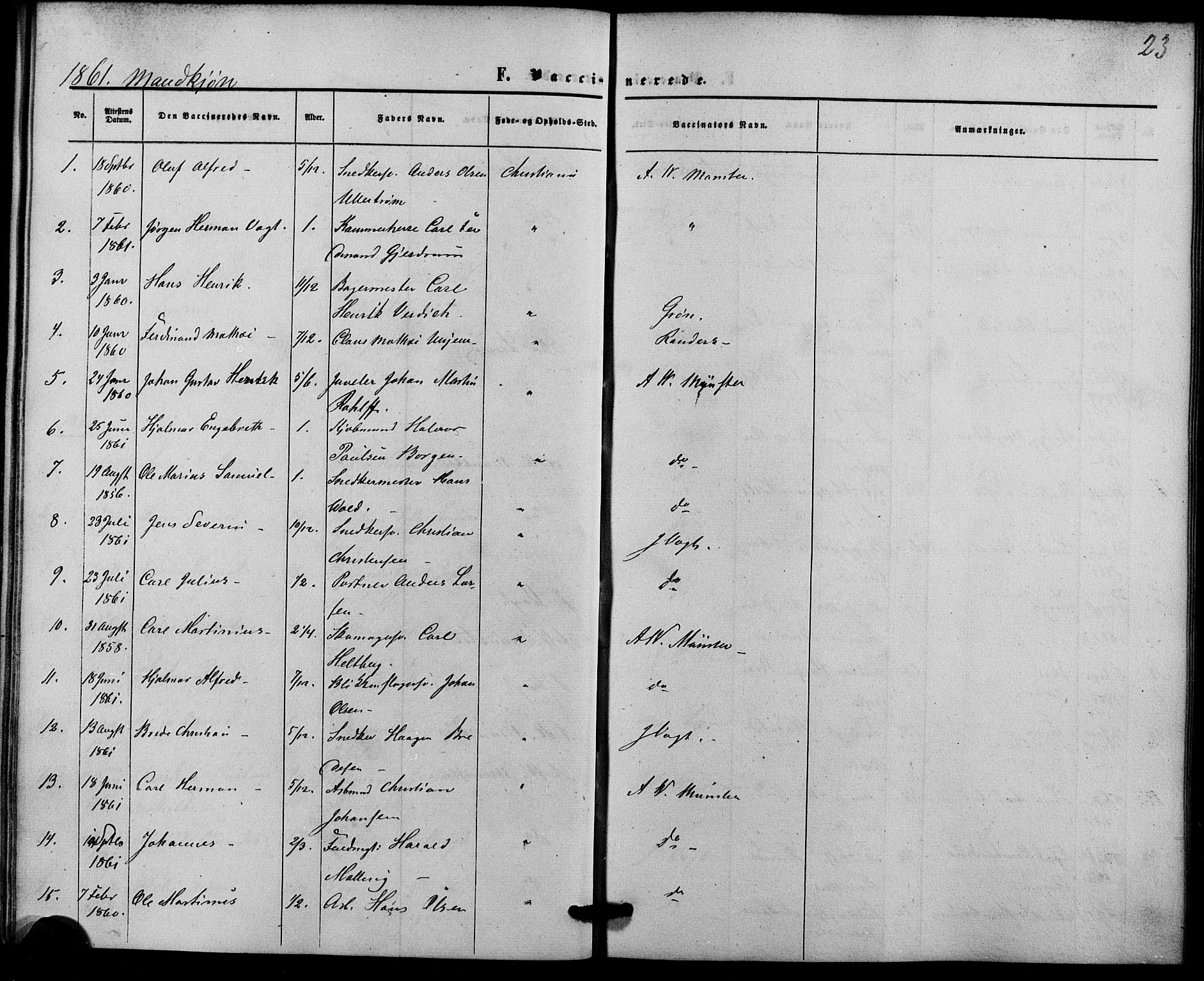 Trefoldighet prestekontor Kirkebøker, AV/SAO-A-10882/F/Fh/L0001: Vaccination register no. 1, 1857-1867, p. 23