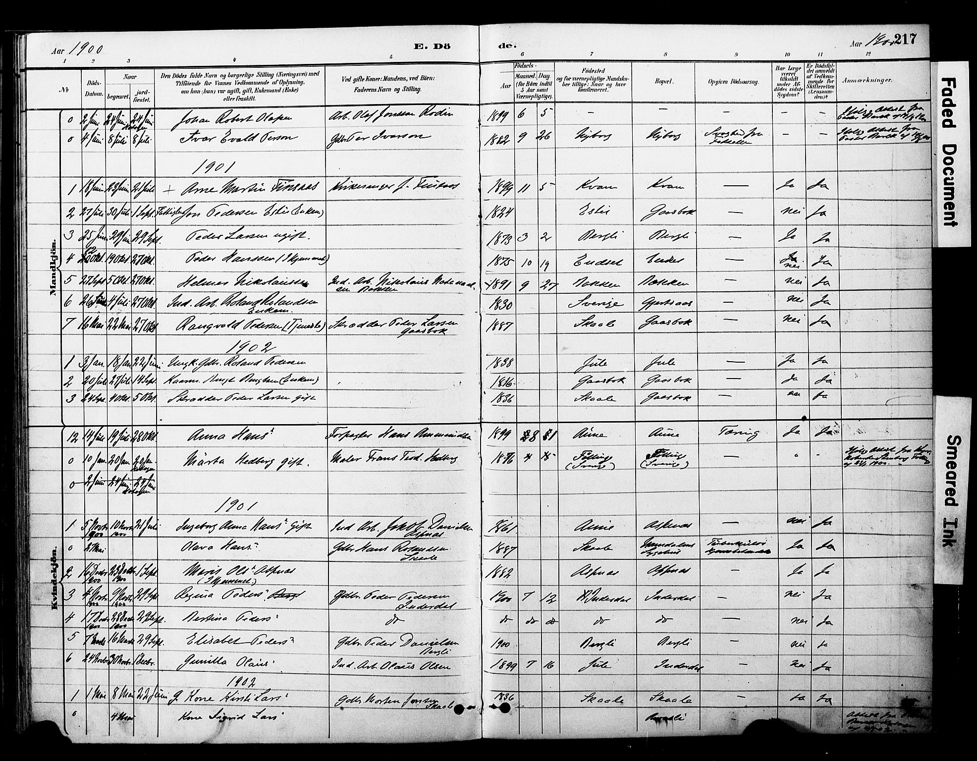 Ministerialprotokoller, klokkerbøker og fødselsregistre - Nord-Trøndelag, AV/SAT-A-1458/757/L0505: Parish register (official) no. 757A01, 1882-1904, p. 217