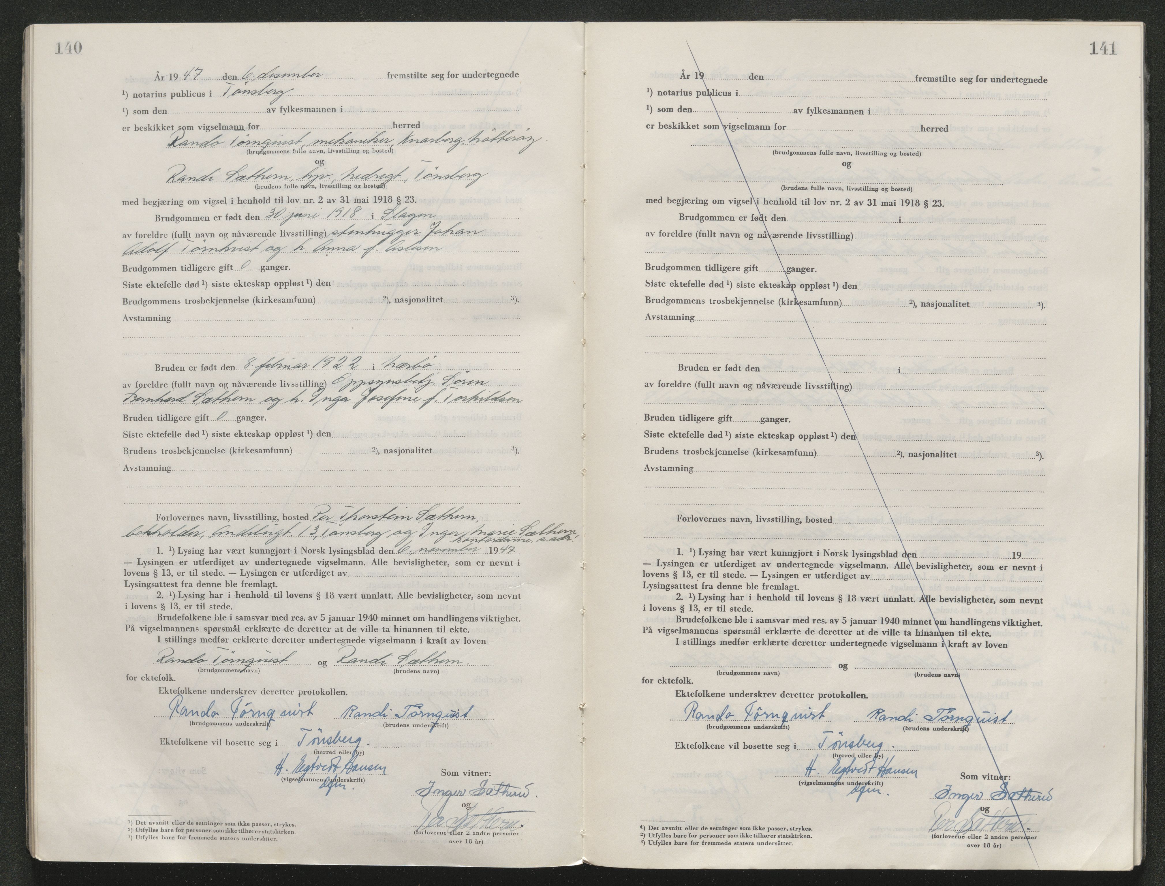 Tønsberg sorenskriveri, SAKO/A-130/L/Lb/L0007: Vigselprotokoll, 1945-1949, p. 140-141