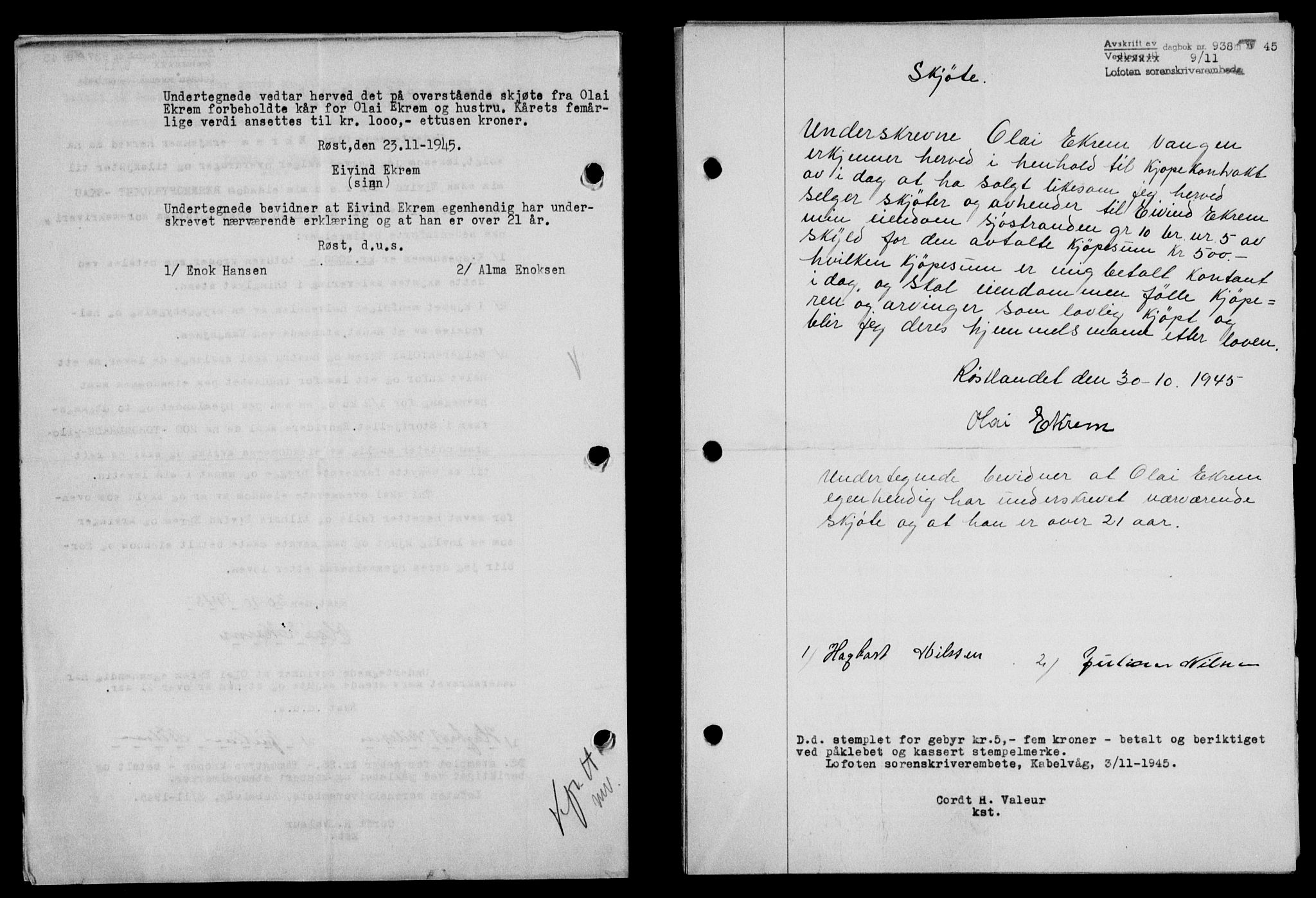 Lofoten sorenskriveri, SAT/A-0017/1/2/2C/L0013a: Mortgage book no. 13a, 1944-1946, Diary no: : 938/1945