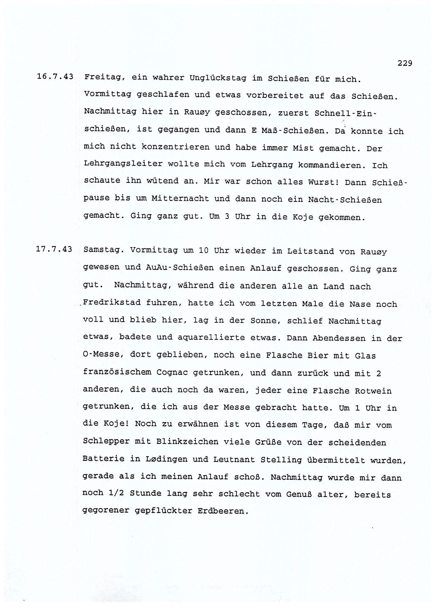 Dagbokopptegnelser av en tysk marineoffiser stasjonert i Norge , FMFB/A-1160/F/L0001: Dagbokopptegnelser av en tysk marineoffiser stasjonert i Norge, 1941-1944, p. 229
