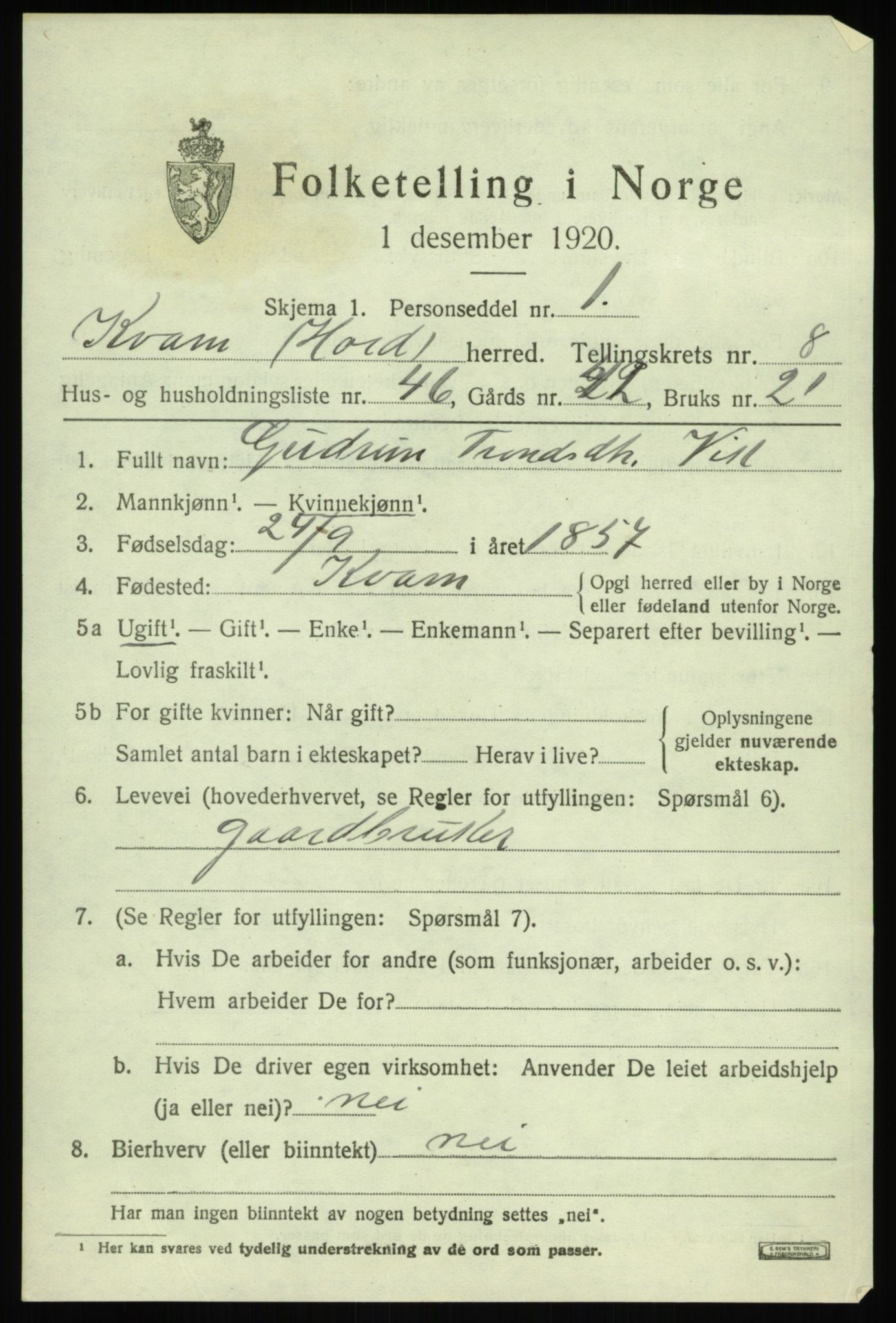 SAB, 1920 census for Kvam, 1920, p. 5635