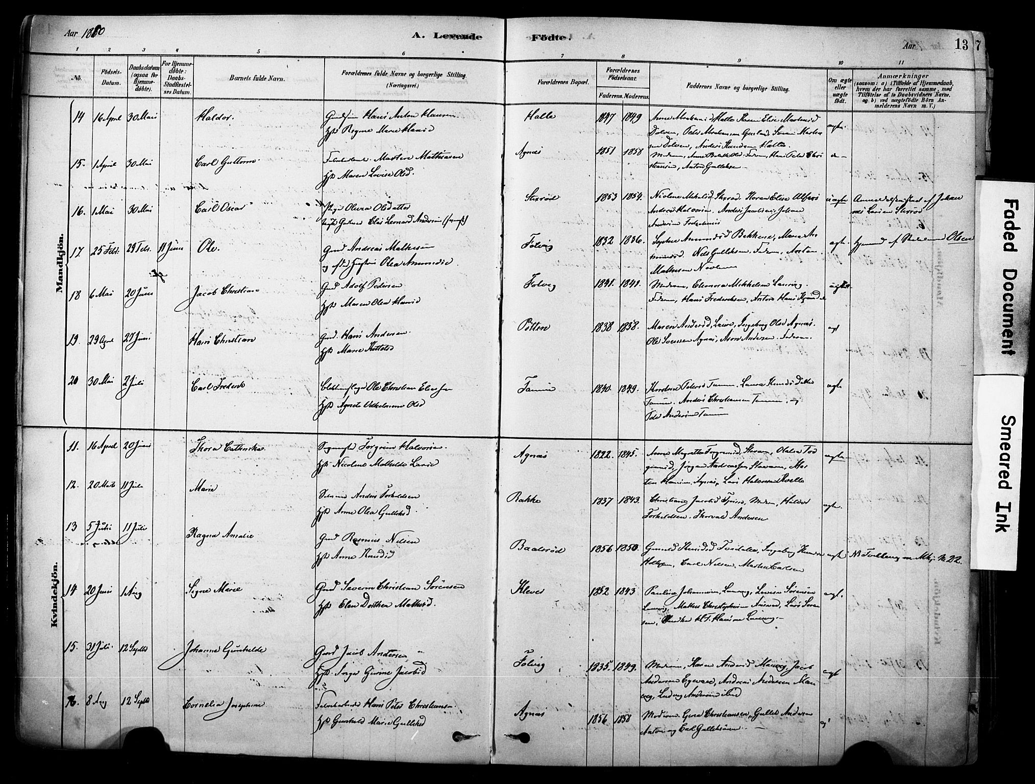 Brunlanes kirkebøker, SAKO/A-342/F/Fc/L0001: Parish register (official) no. III 1, 1878-1899, p. 13