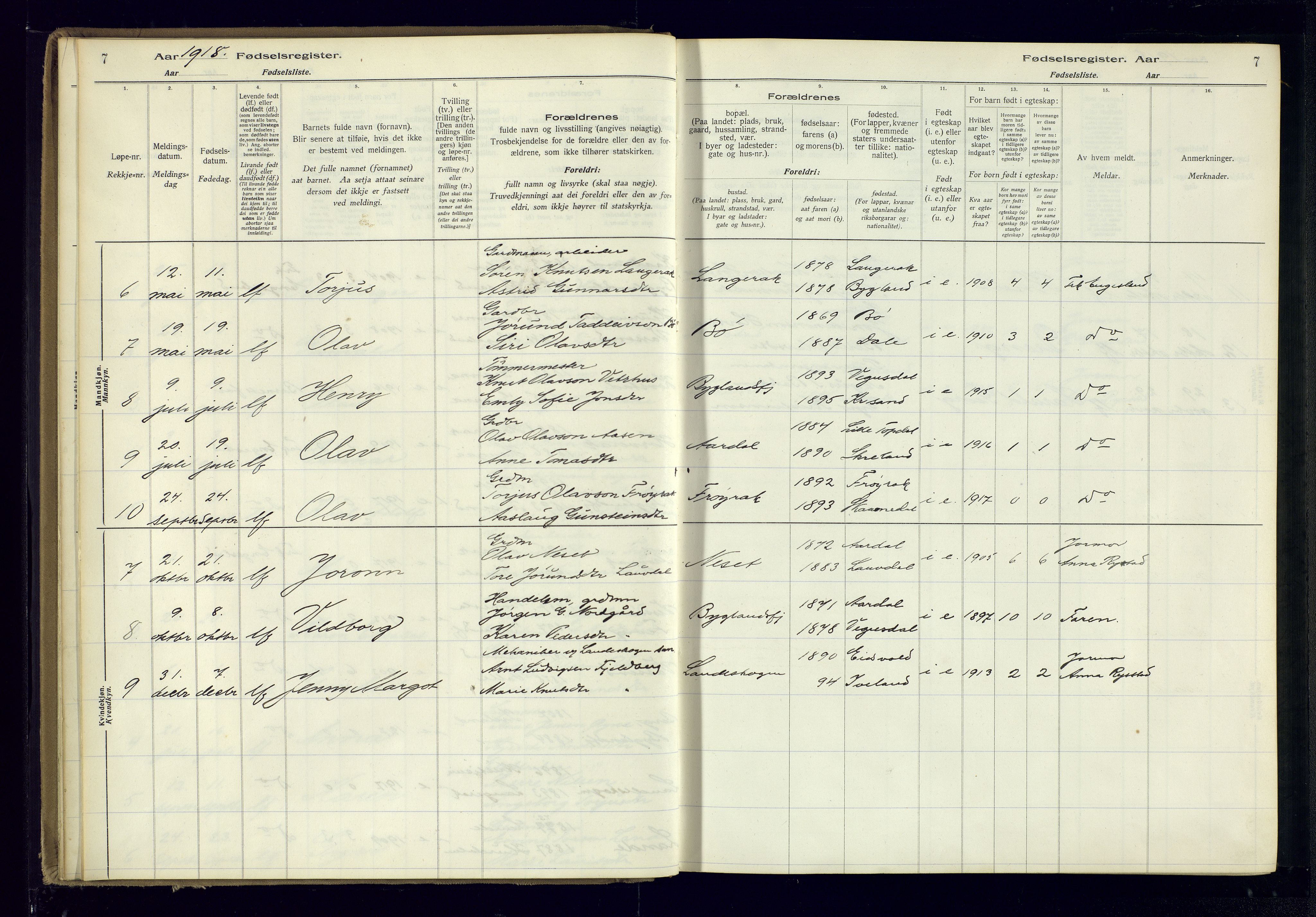 Bygland sokneprestkontor, AV/SAK-1111-0006/J/Ja/L0004: Birth register no. II.4.5, 1916-1983, p. 7