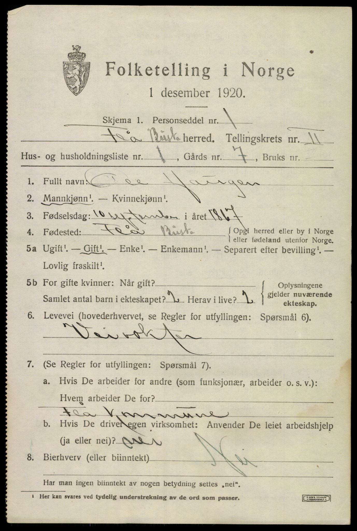 SAKO, 1920 census for Flå, 1920, p. 1369