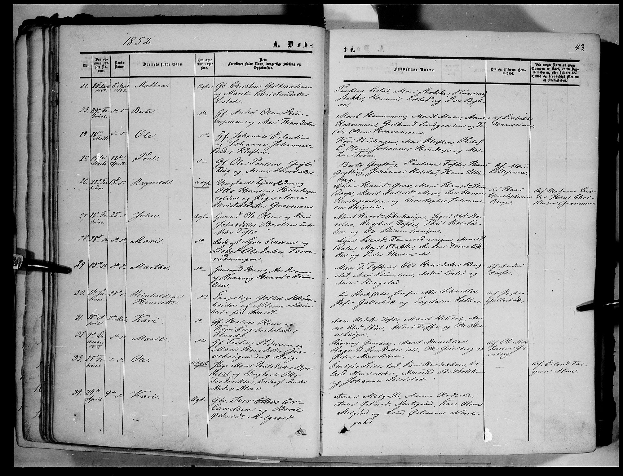 Sør-Fron prestekontor, AV/SAH-PREST-010/H/Ha/Haa/L0001: Parish register (official) no. 1, 1849-1863, p. 43