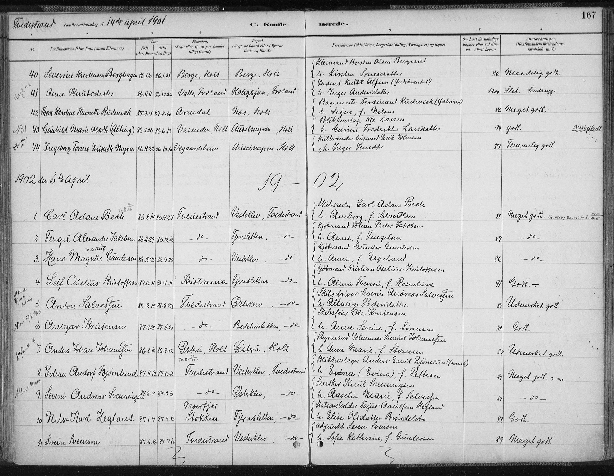 Tvedestrand sokneprestkontor, SAK/1111-0042/F/Fa/L0001: Parish register (official) no. A 1, 1885-1916, p. 167