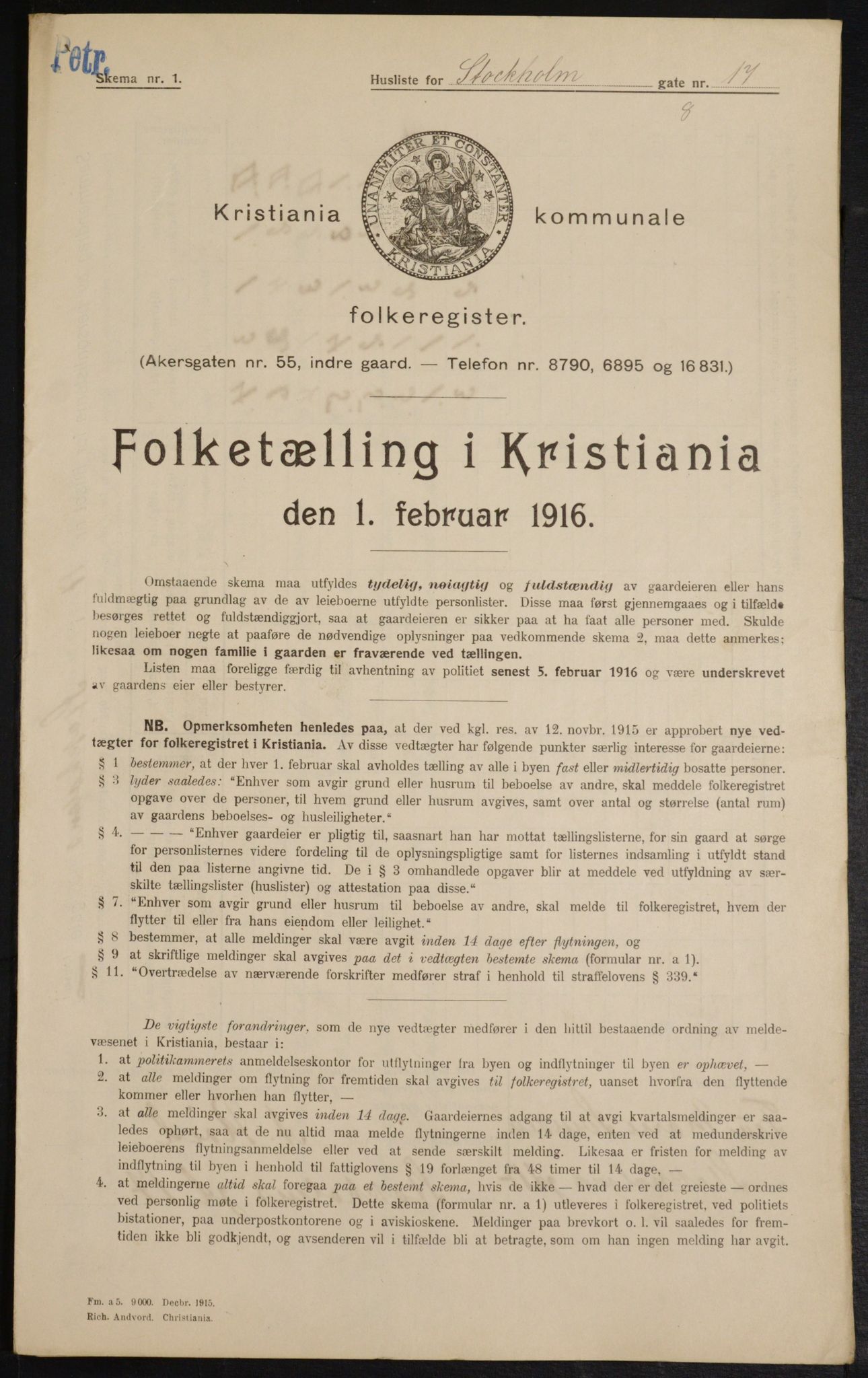 OBA, Municipal Census 1916 for Kristiania, 1916, p. 105182