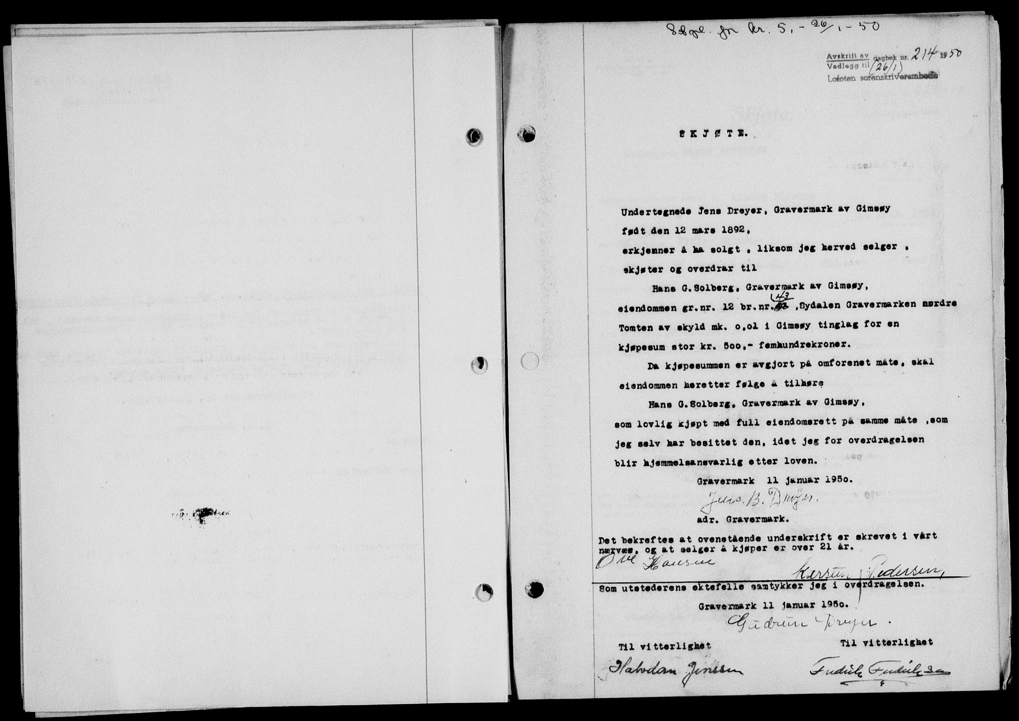 Lofoten sorenskriveri, SAT/A-0017/1/2/2C/L0022a: Mortgage book no. 22a, 1949-1950, Diary no: : 214/1950