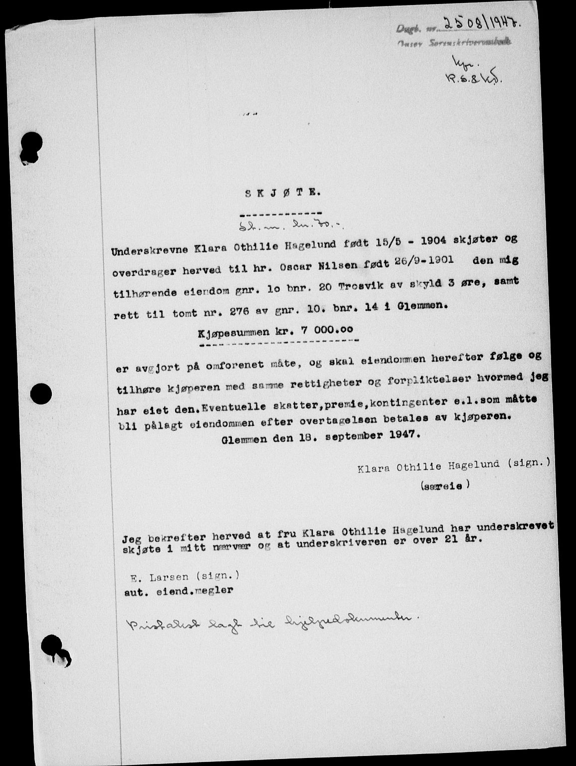 Onsøy sorenskriveri, SAO/A-10474/G/Ga/Gab/L0021: Mortgage book no. II A-21, 1947-1947, Diary no: : 2508/1947