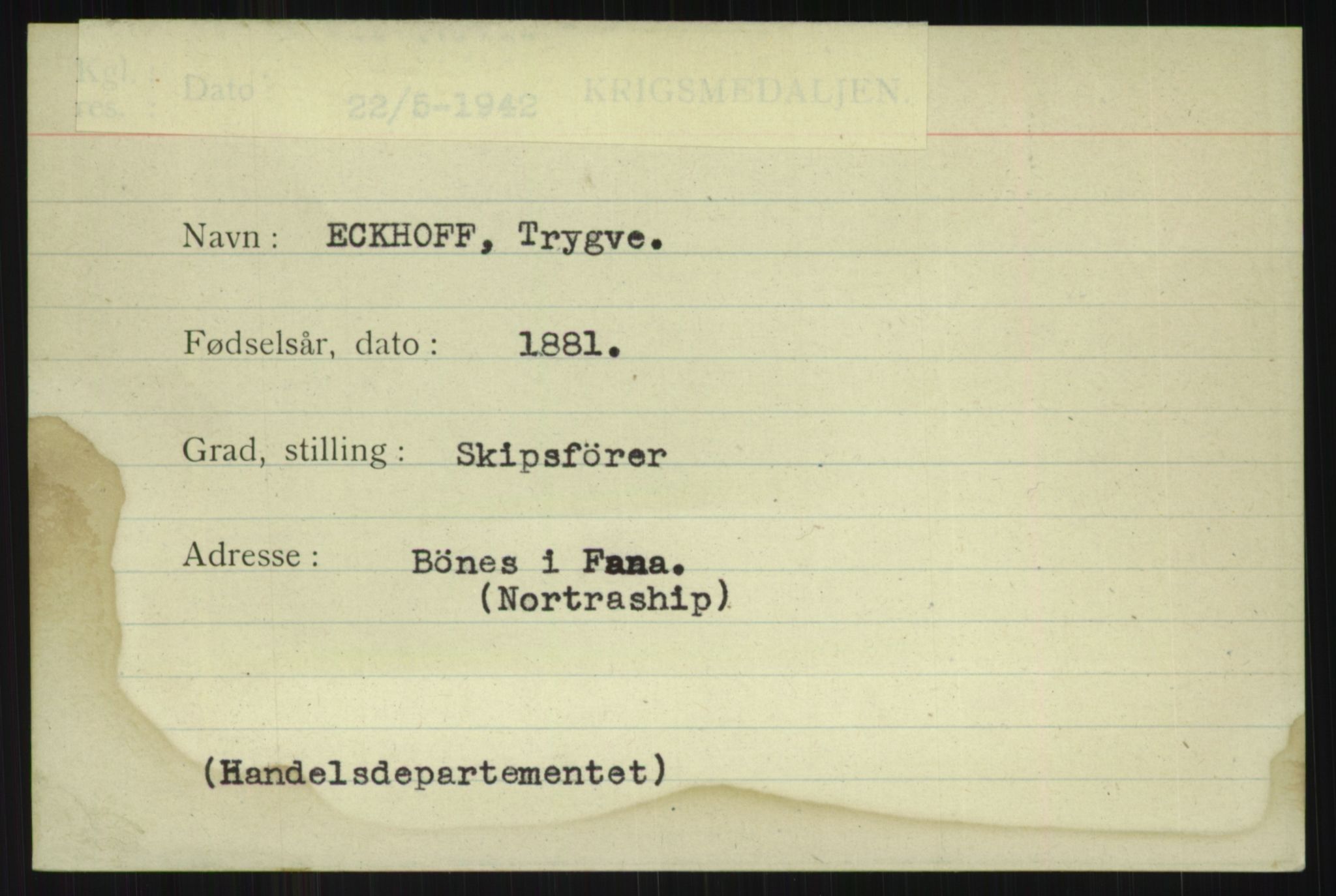 Direktoratet for sjømenn, AV/RA-S-3545/G/Gi/L0004: Alfabetisk ordnet kartotek over krigsdekorasjoner tildelt nordmenn under krigen, Abelquist - Einrem, 1940-1945, p. 1913