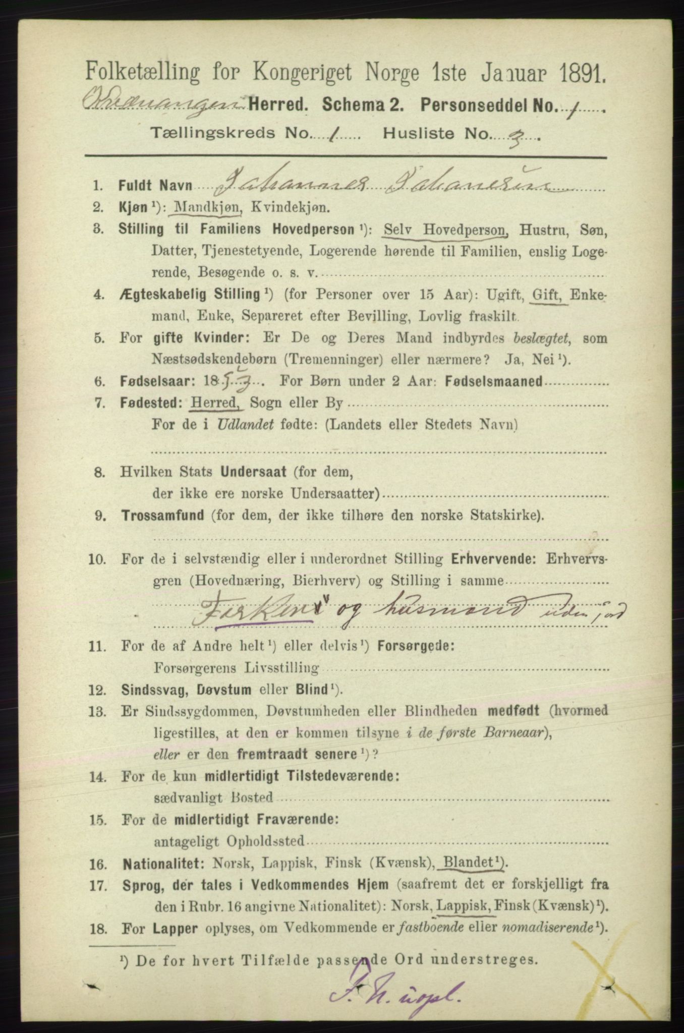 RA, 1891 census for 1943 Kvænangen, 1891, p. 69