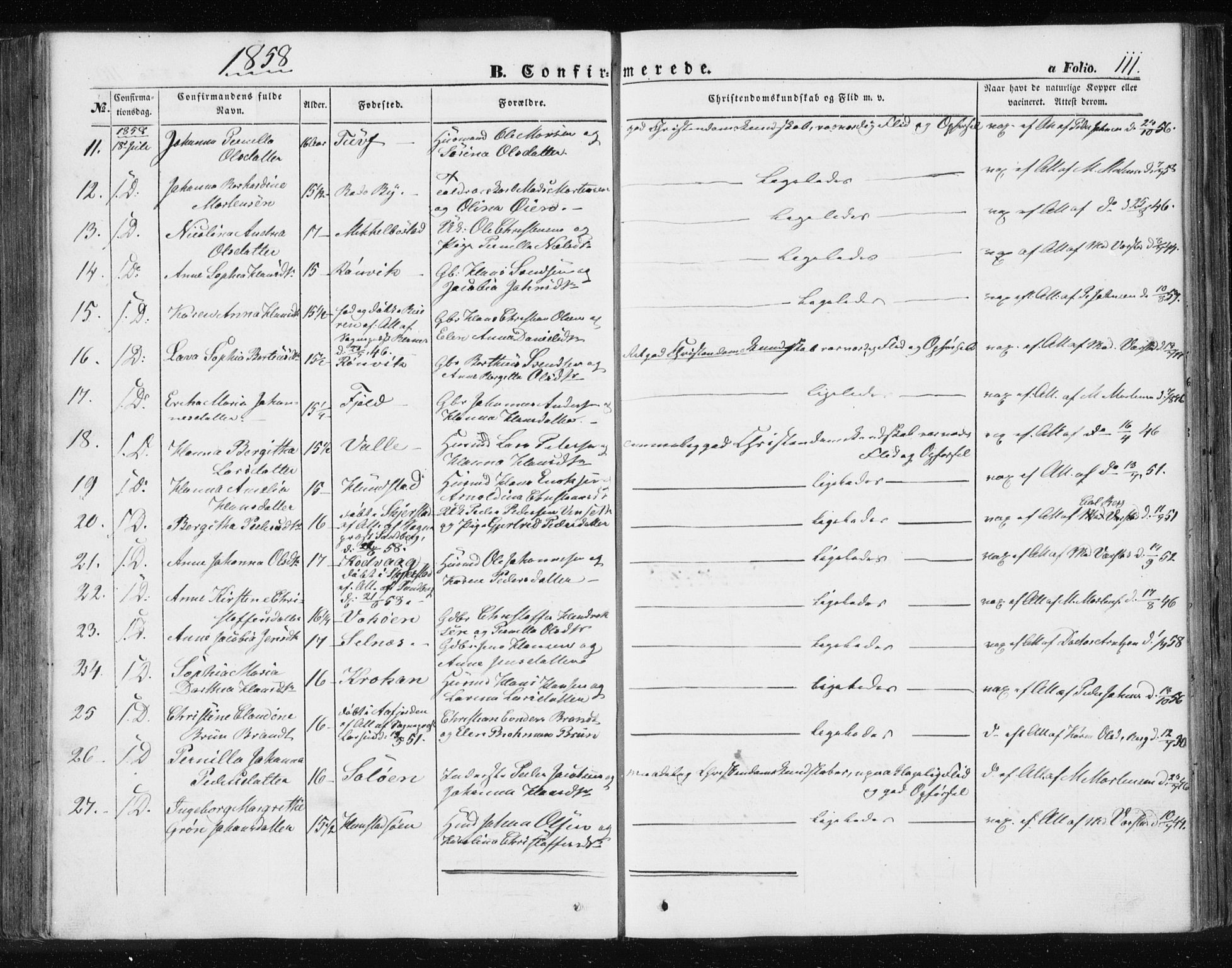 Ministerialprotokoller, klokkerbøker og fødselsregistre - Nordland, AV/SAT-A-1459/801/L0028: Parish register (copy) no. 801C03, 1855-1867, p. 111