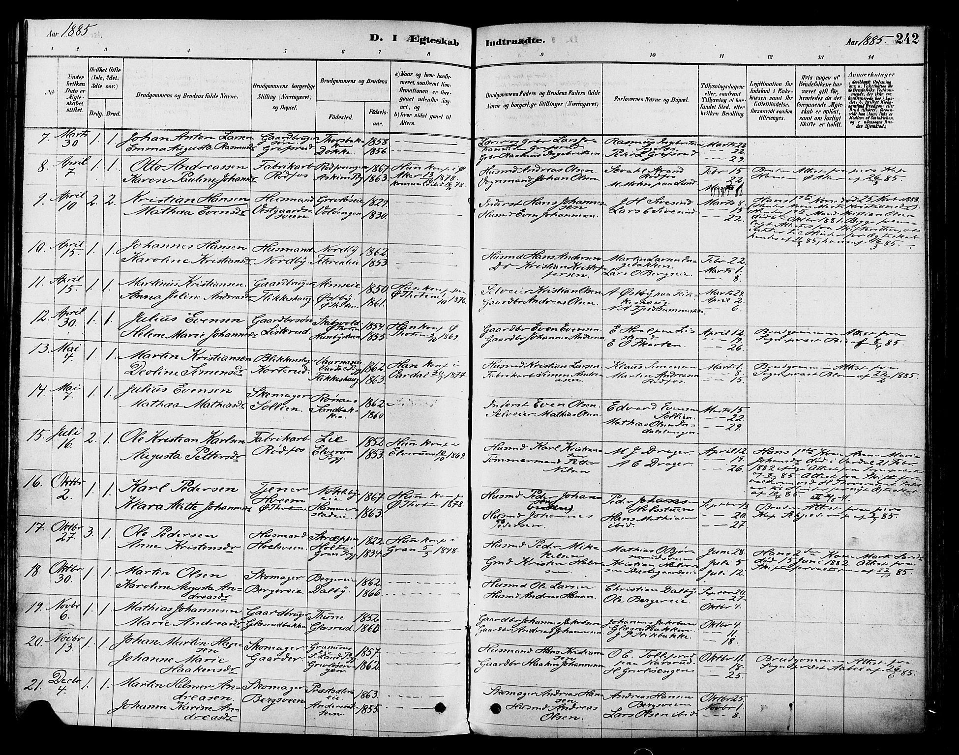 Vestre Toten prestekontor, AV/SAH-PREST-108/H/Ha/Haa/L0009: Parish register (official) no. 9, 1878-1894, p. 242