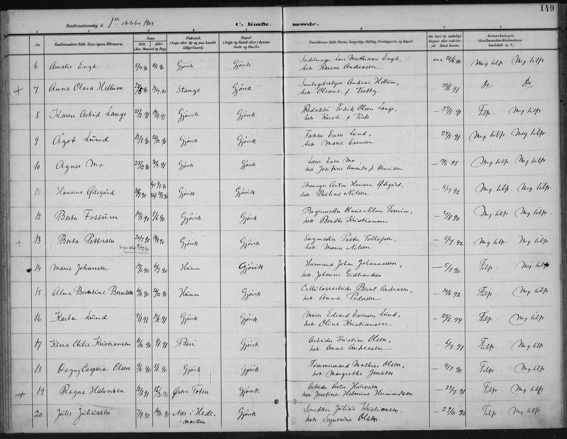 Vardal prestekontor, SAH/PREST-100/H/Ha/Haa/L0013: Parish register (official) no. 13, 1901-1911, p. 149