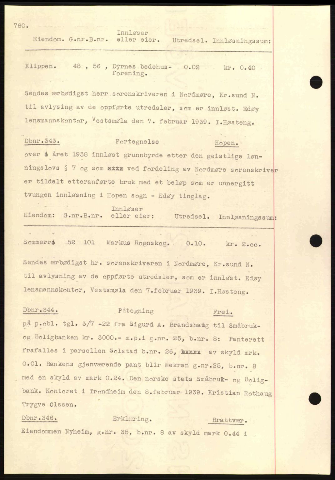 Nordmøre sorenskriveri, AV/SAT-A-4132/1/2/2Ca: Mortgage book no. C80, 1936-1939, Diary no: : 343/1939