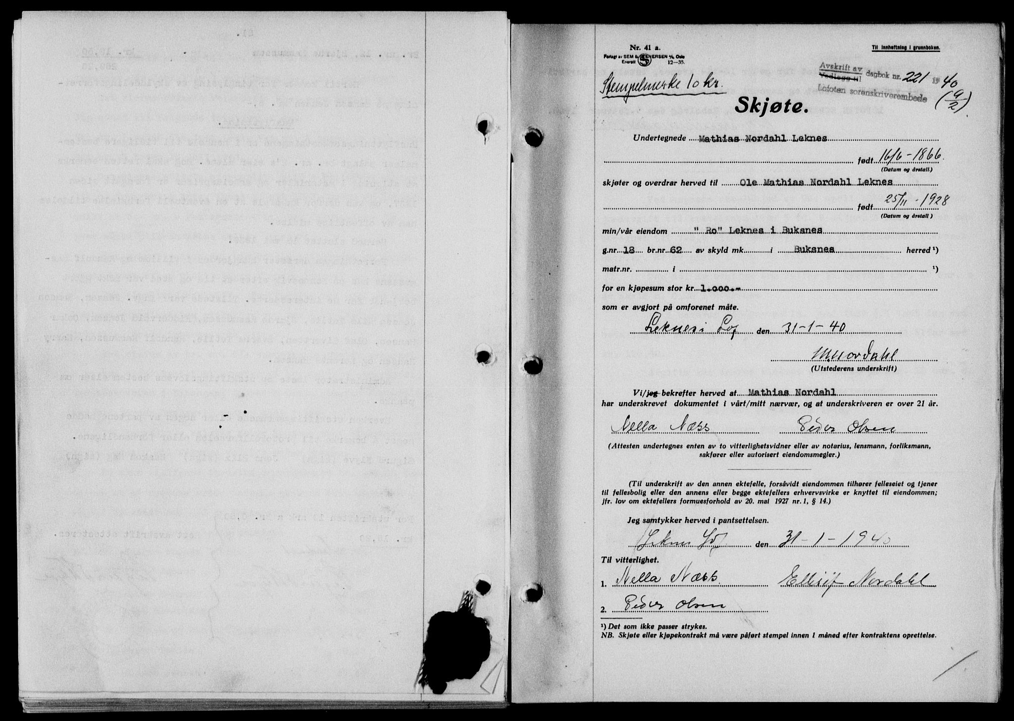 Lofoten sorenskriveri, SAT/A-0017/1/2/2C/L0007a: Mortgage book no. 7a, 1939-1940, Diary no: : 221/1940