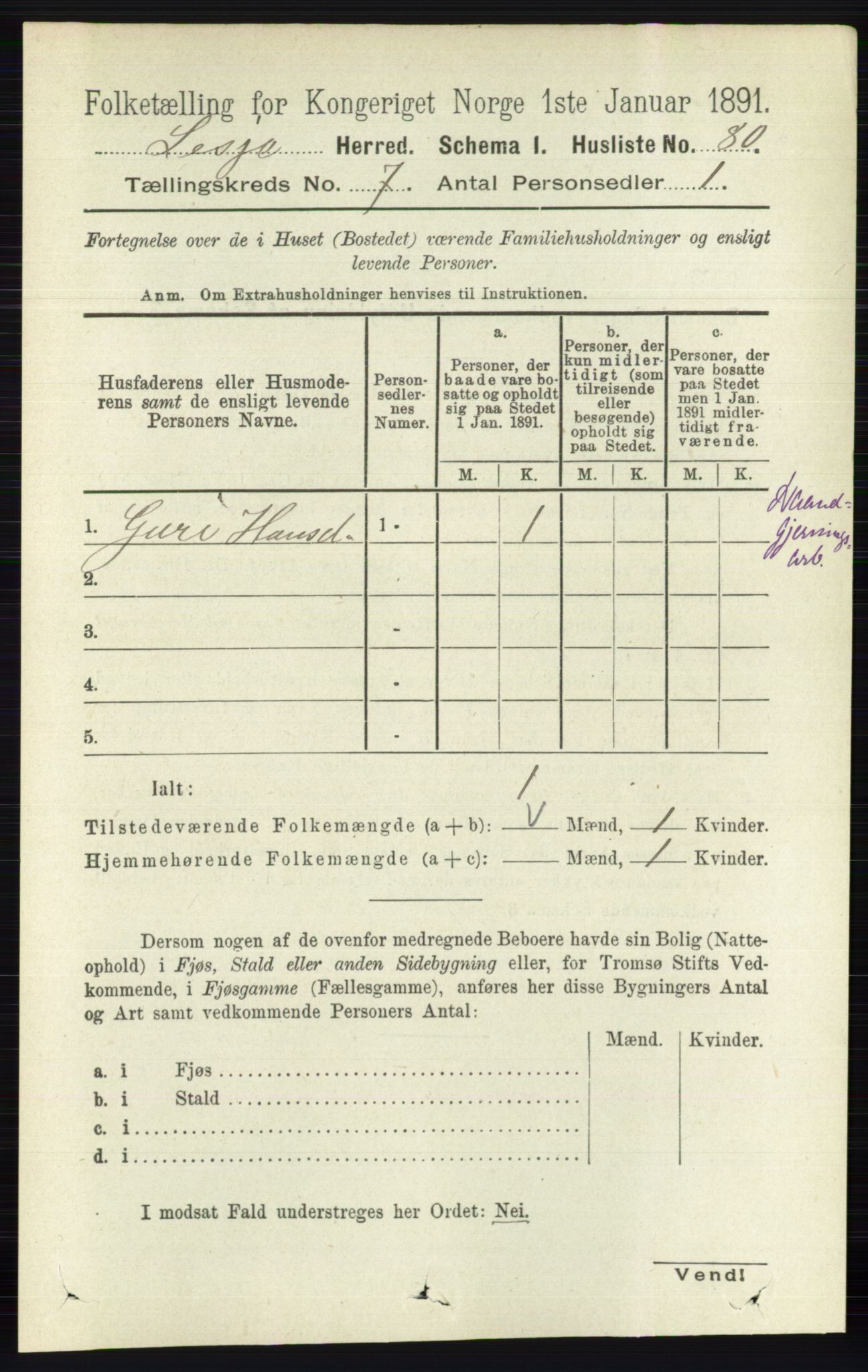 RA, 1891 census for 0512 Lesja, 1891, p. 2487