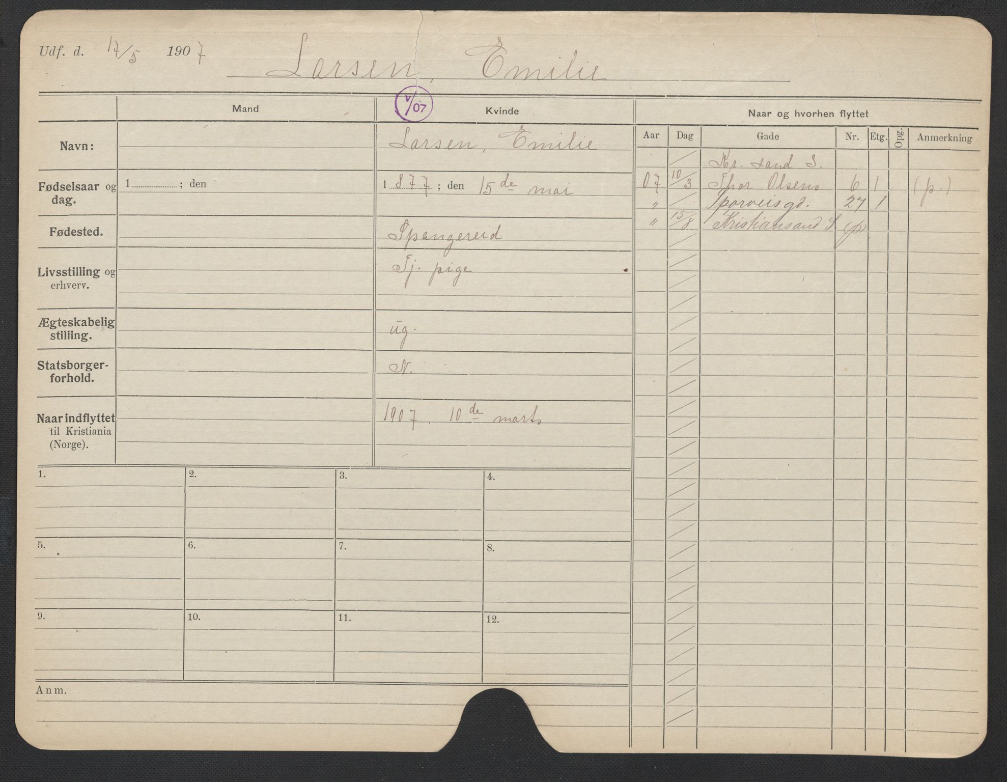 Oslo folkeregister, Registerkort, SAO/A-11715/F/Fa/Fac/L0019: Kvinner, 1906-1914, p. 869a