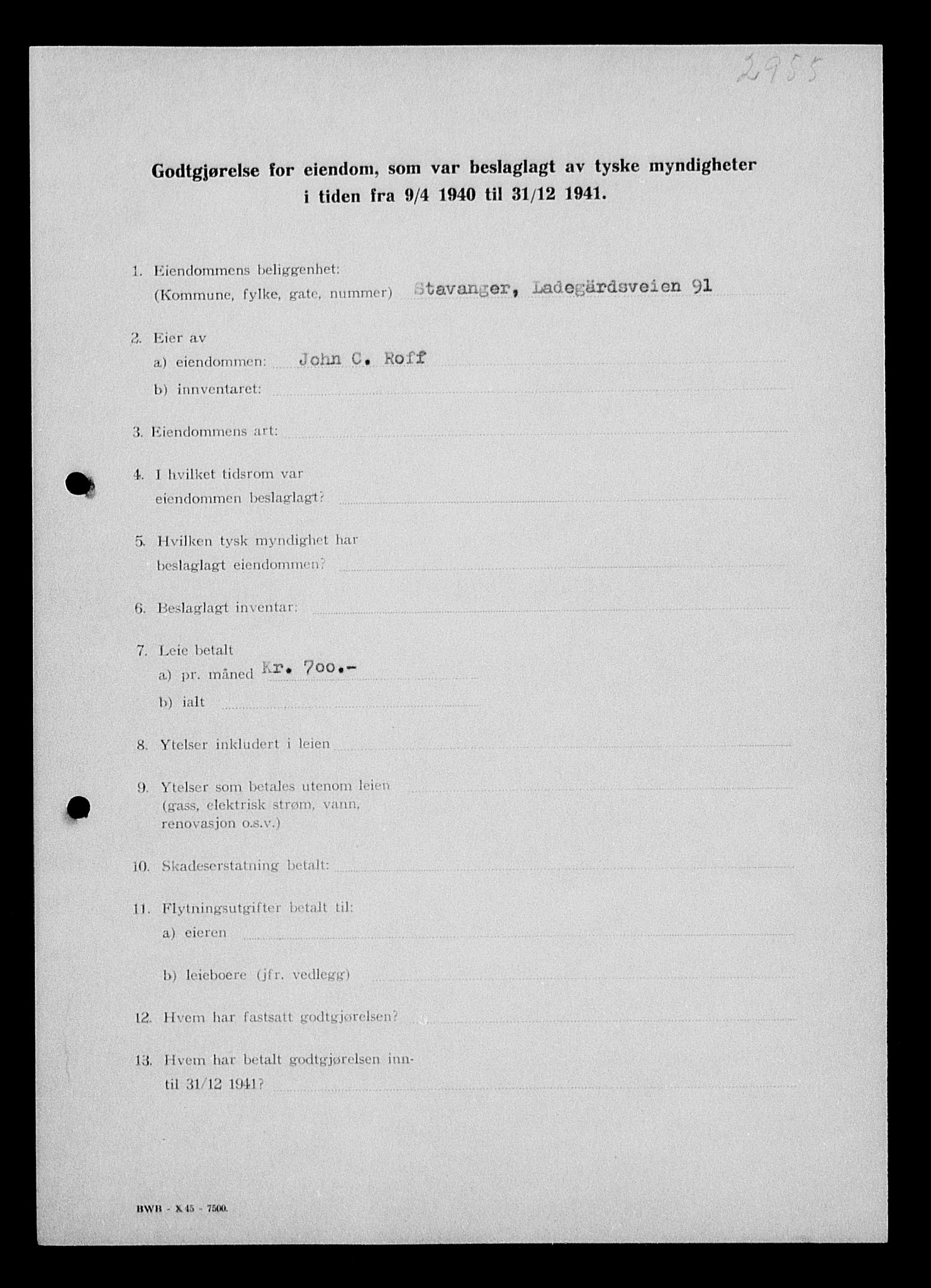 Justisdepartementet, Tilbakeføringskontoret for inndratte formuer, AV/RA-S-1564/I/L1014: Godtgjørelse for beslaglagt eiendom, 1940-1941, p. 110
