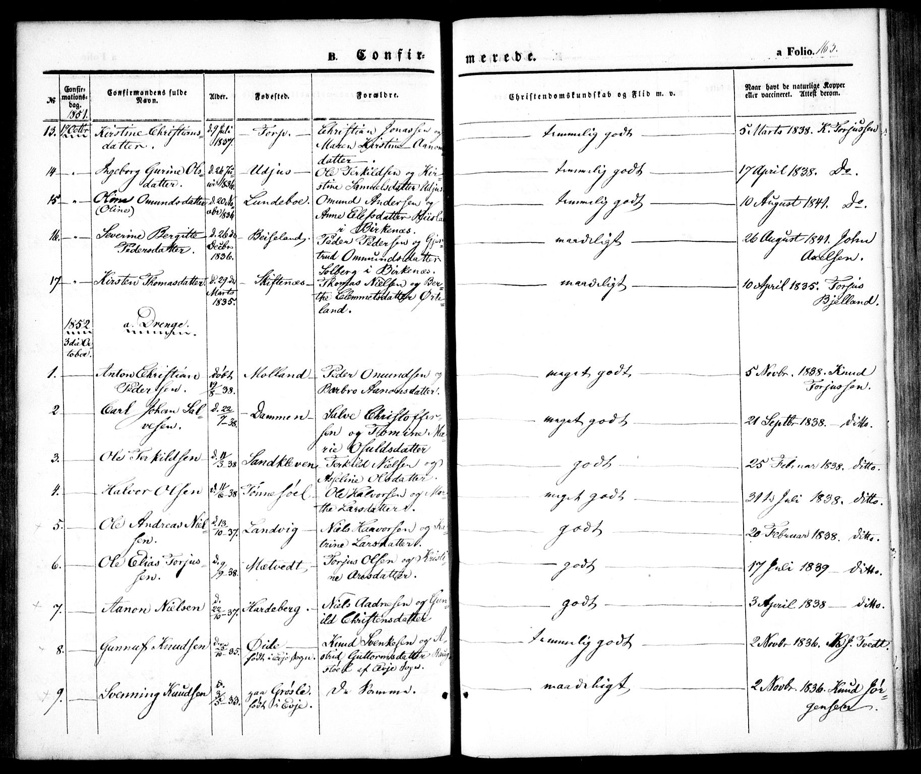 Hommedal sokneprestkontor, AV/SAK-1111-0023/F/Fa/Fab/L0004: Parish register (official) no. A 4, 1848-1860, p. 163