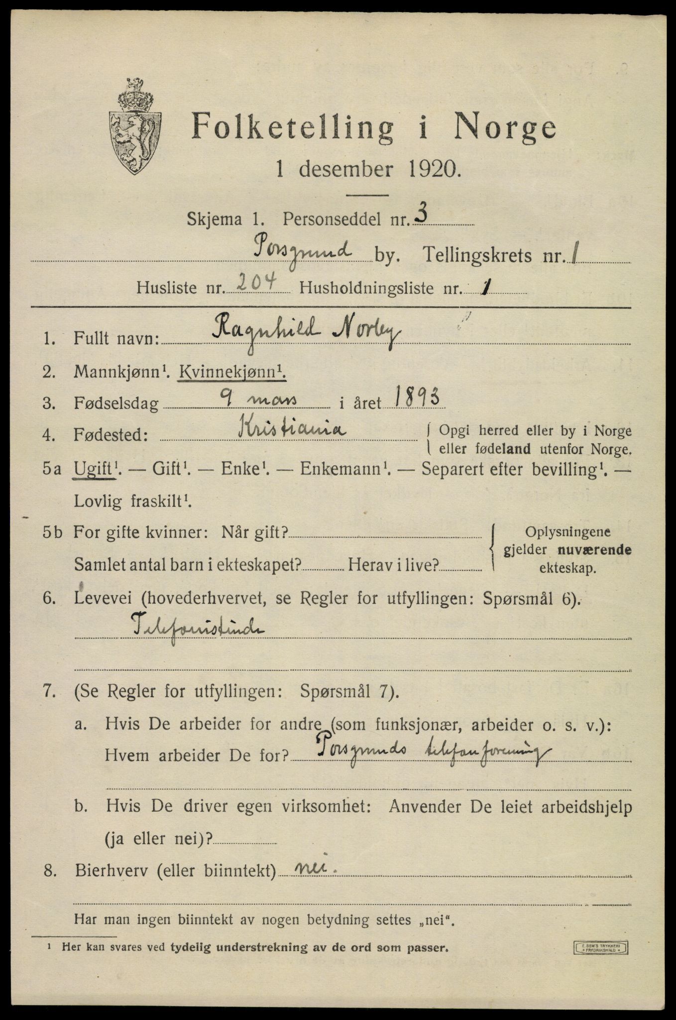 SAKO, 1920 census for Porsgrunn, 1920, p. 9453