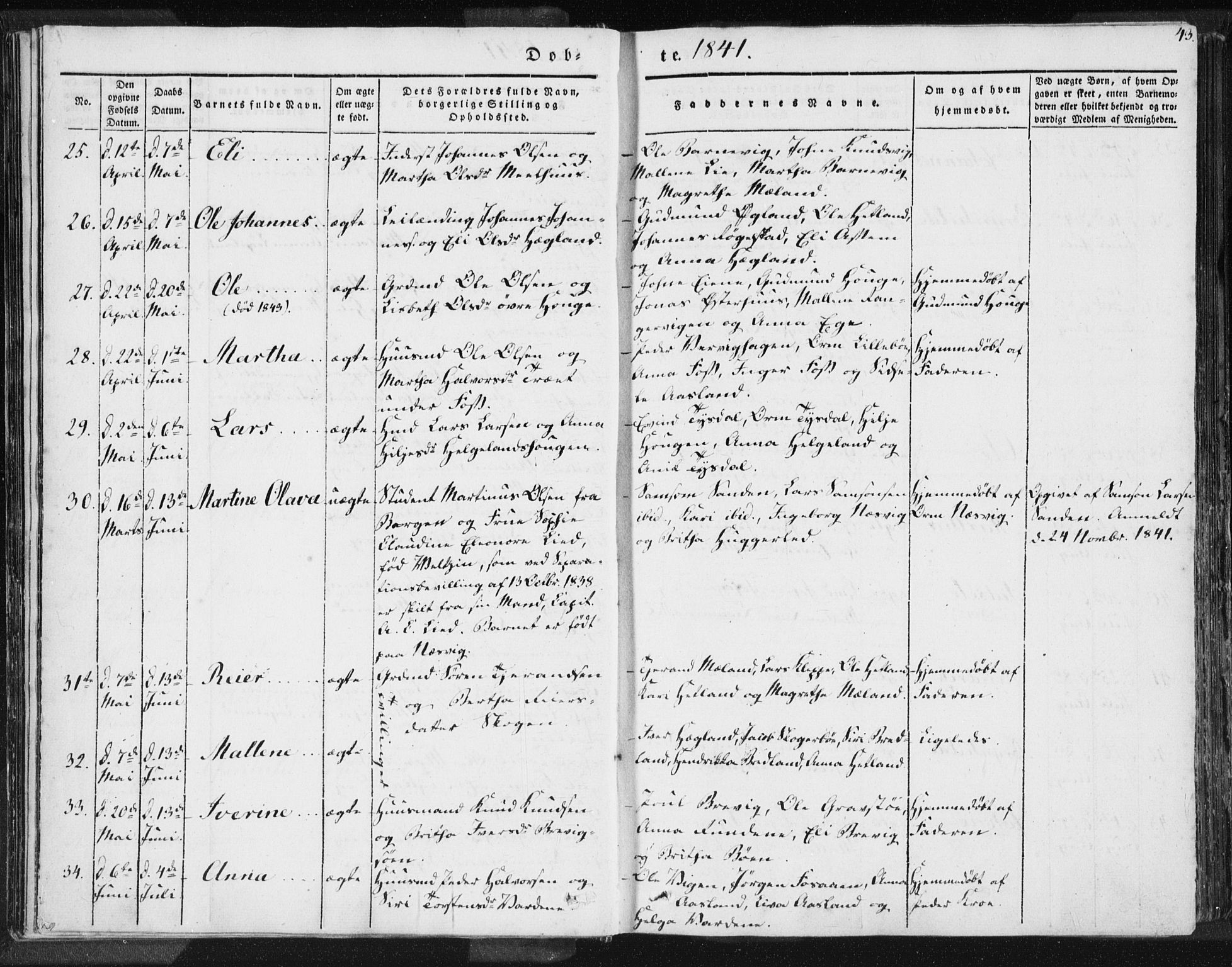 Hjelmeland sokneprestkontor, AV/SAST-A-101843/01/IV/L0006: Parish register (official) no. A 6, 1834-1845, p. 43