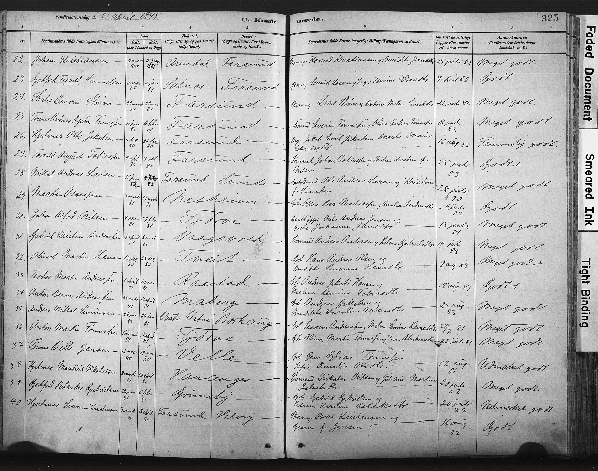 Lista sokneprestkontor, AV/SAK-1111-0027/F/Fa/L0012: Parish register (official) no. A 12, 1879-1903, p. 325