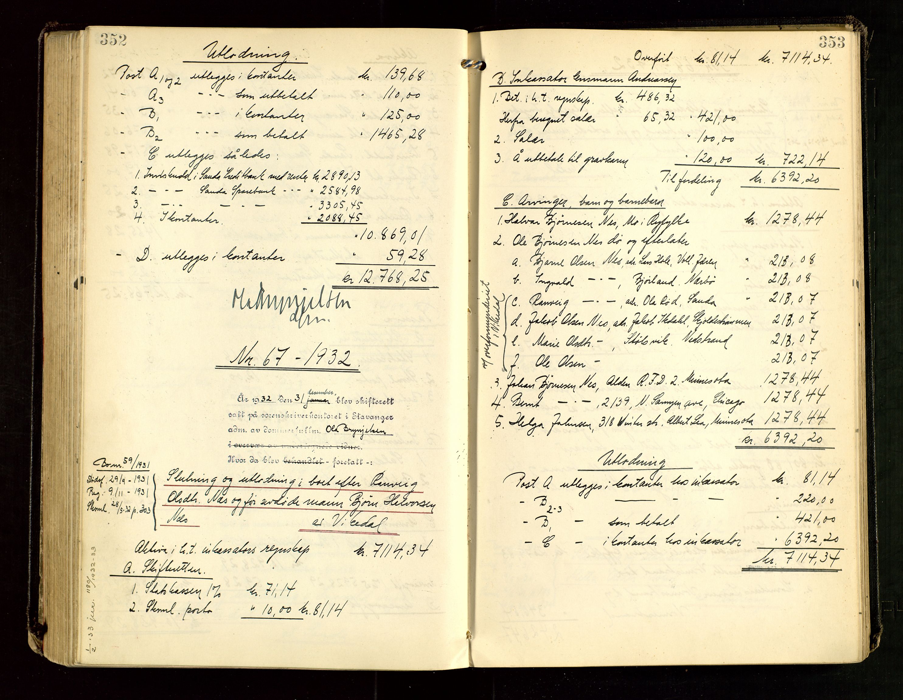 Ryfylke tingrett, AV/SAST-A-100055/001/IV/IVG/L0007: Skifteutlodningsprotokoll Med register, 1929-1933, p. 352-353