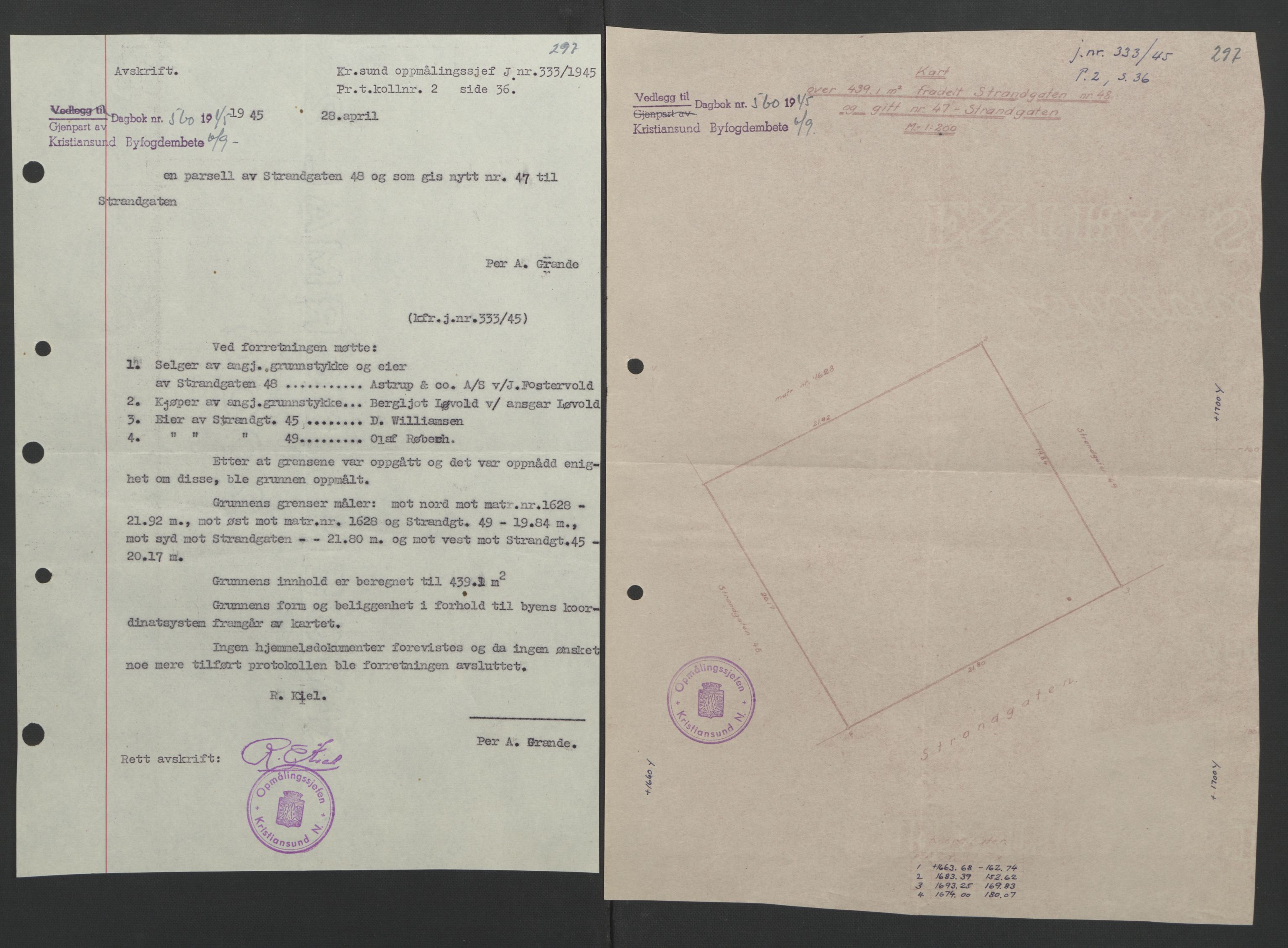 Kristiansund byfogd, AV/SAT-A-4587/A/27: Mortgage book no. 37, 1942-1945, Diary no: : 560/1945