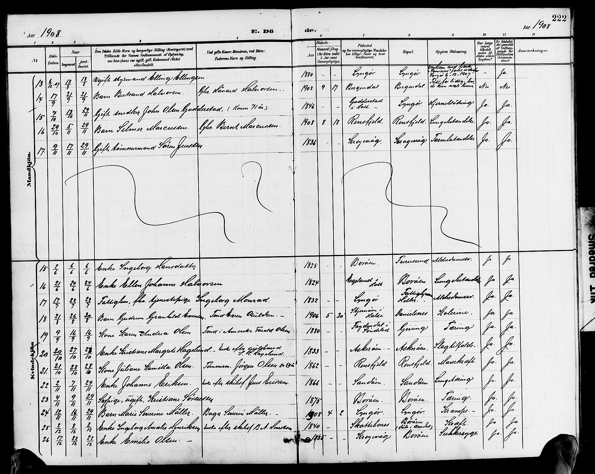 Dypvåg sokneprestkontor, AV/SAK-1111-0007/F/Fb/Fba/L0014: Parish register (copy) no. B 14, 1901-1922, p. 222