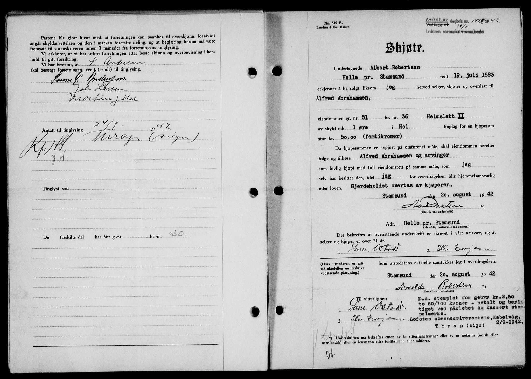 Lofoten sorenskriveri, SAT/A-0017/1/2/2C/L0010a: Mortgage book no. 10a, 1942-1943, Diary no: : 1442/1942