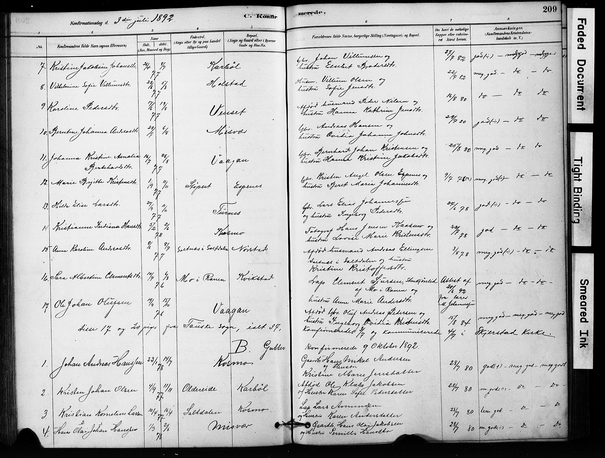 Ministerialprotokoller, klokkerbøker og fødselsregistre - Nordland, SAT/A-1459/852/L0754: Parish register (copy) no. 852C05, 1878-1894, p. 209